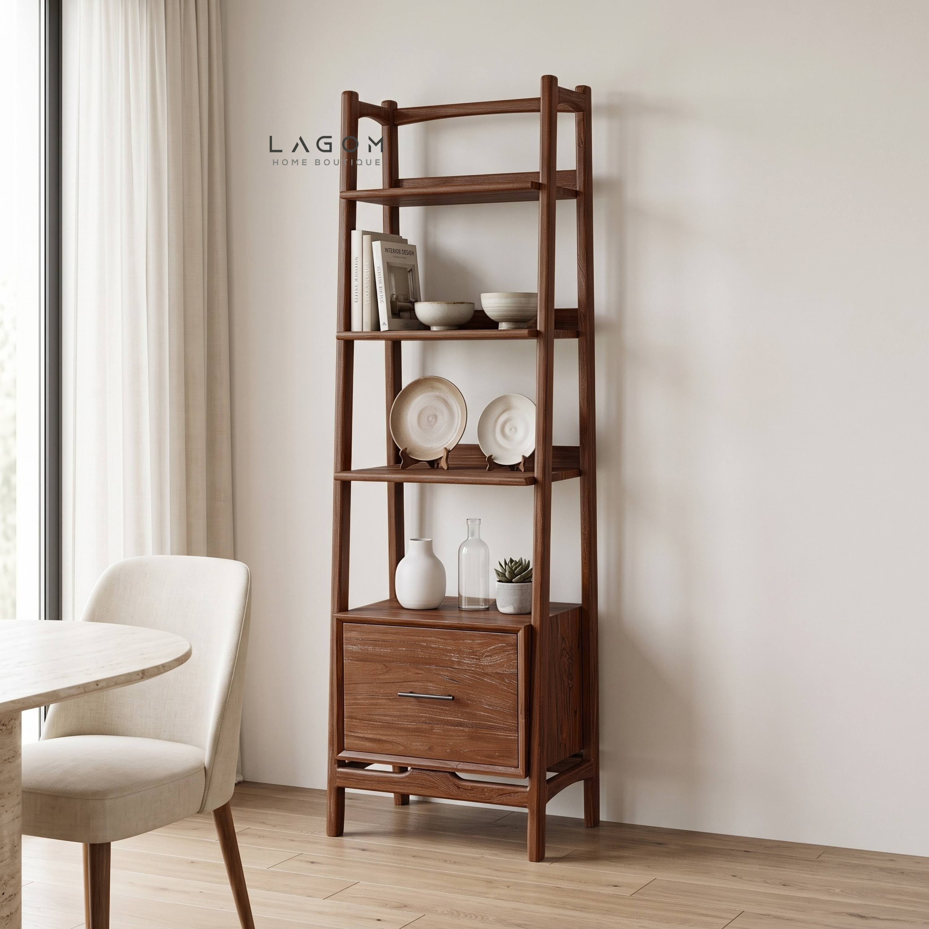 Solid Teak Display Shelf with 3 Tiers & Drawer