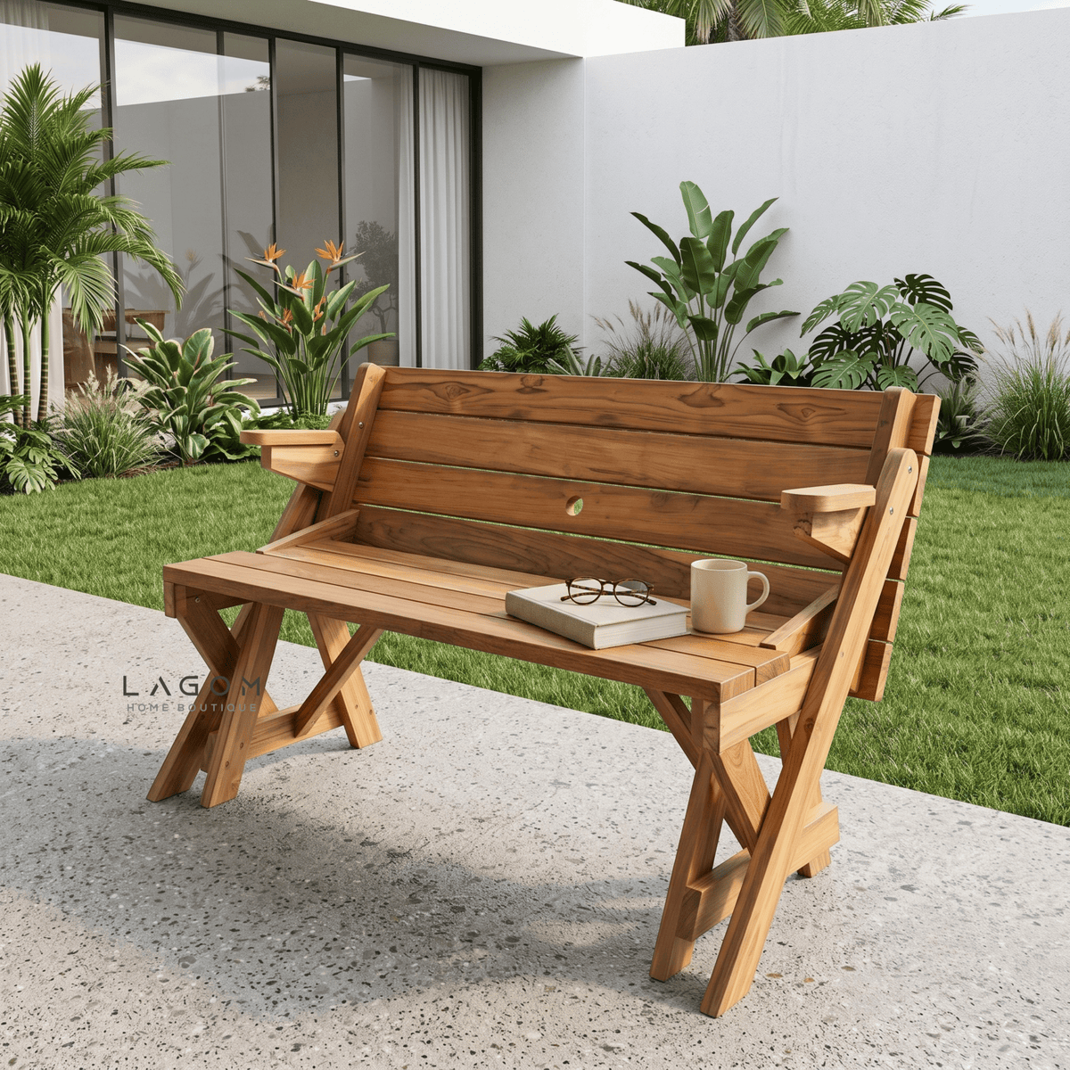 2-in-1 Reclaimed Teak Outdoor Bench & Table Set-Outdoor Table Set-Lagom Home Boutique