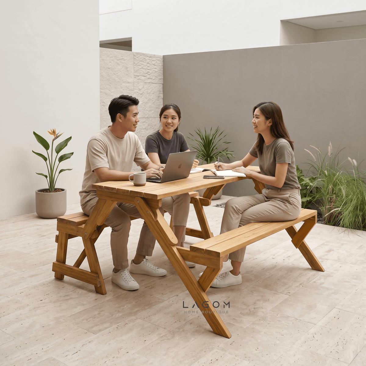 2-in-1 Reclaimed Teak Outdoor Bench & Table Set-Outdoor Table Set-Lagom Home Boutique