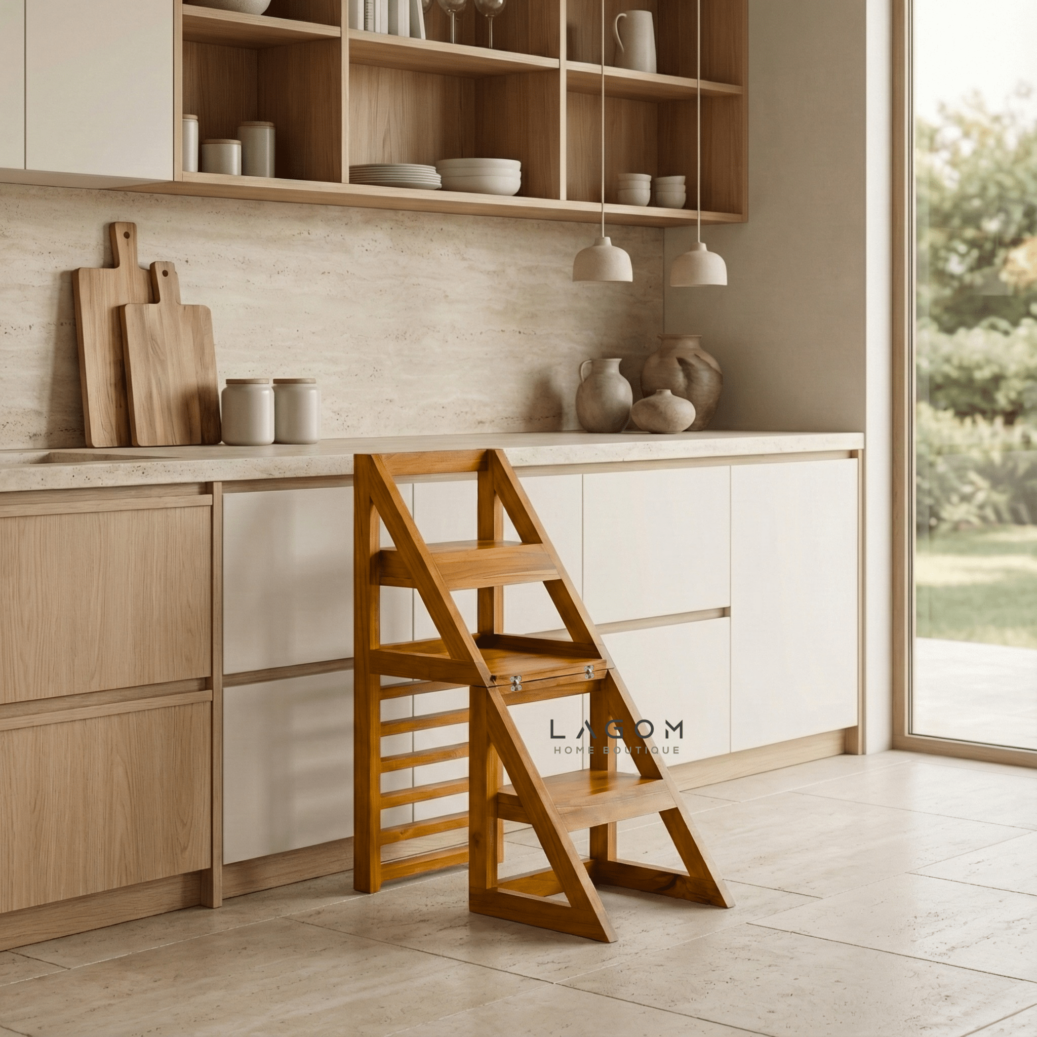 2 - in - 1 Teak Wood Step Stool & Chair - Smart & Sturdy Design - Step Stool - Lagom Home Boutique