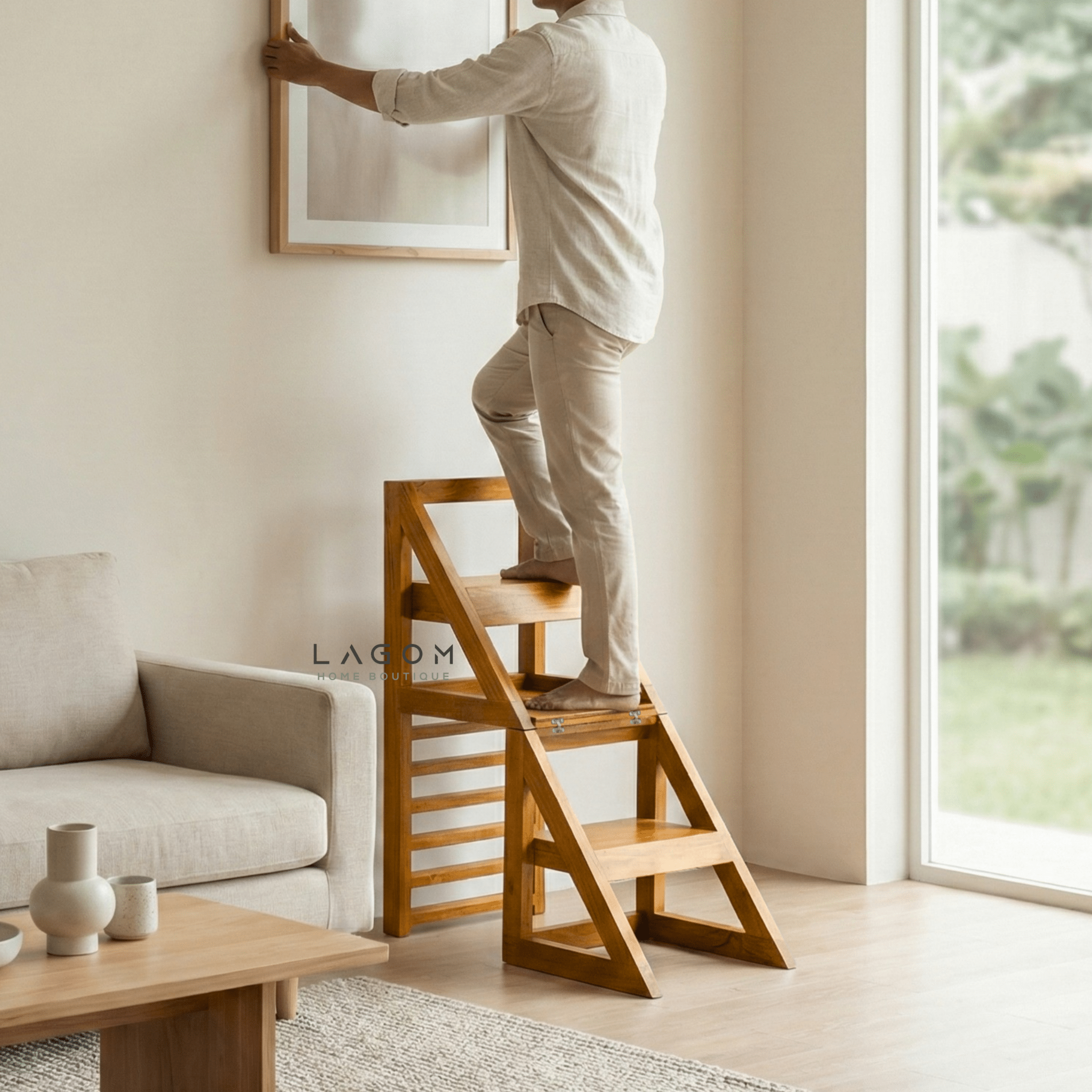 2 - in - 1 Teak Wood Step Stool & Chair - Smart & Sturdy Design - Step Stool - Lagom Home Boutique