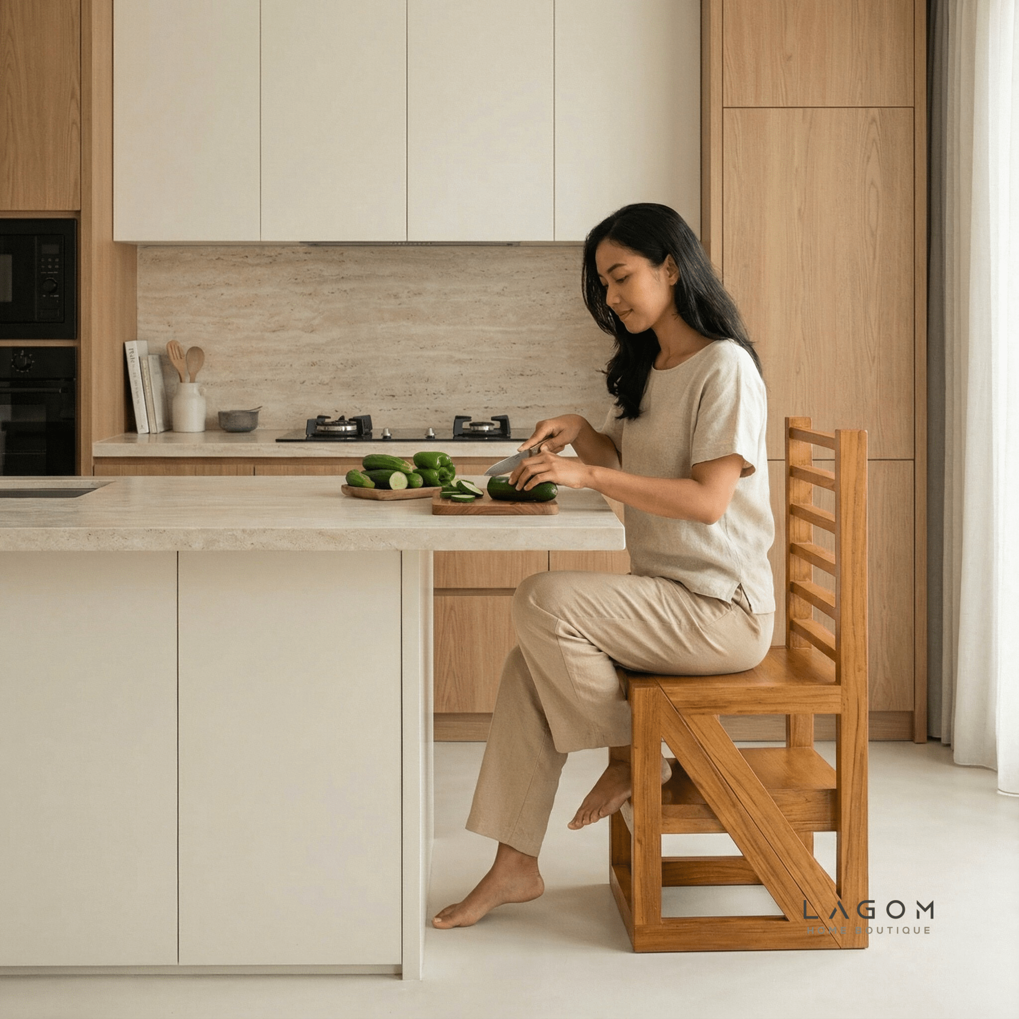2 - in - 1 Teak Wood Step Stool & Chair - Smart & Sturdy Design - Step Stool - Lagom Home Boutique