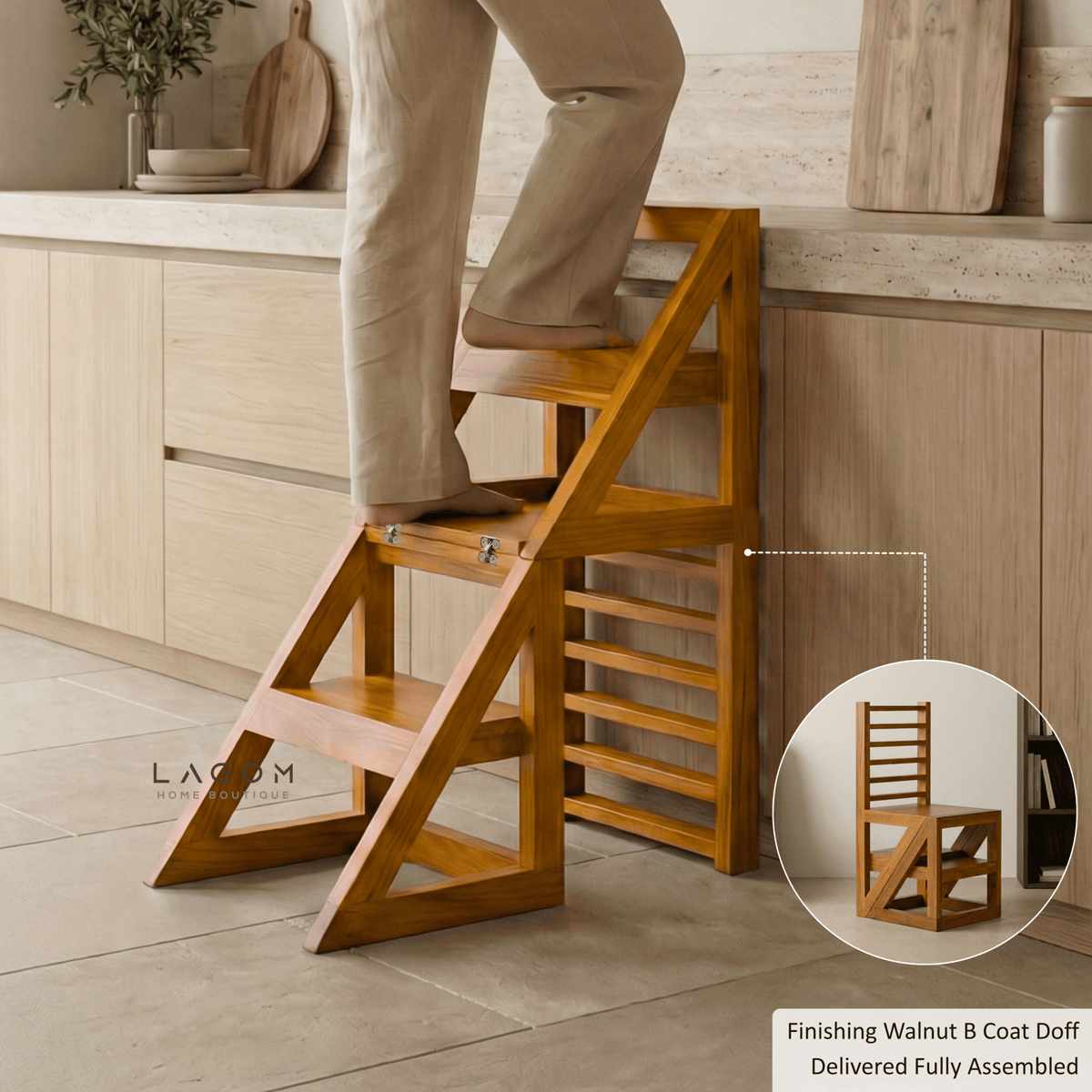 2-in-1 Teak Wood Step Stool & Chair - Sturdy Design-Step Stool-Lagom Home Boutique