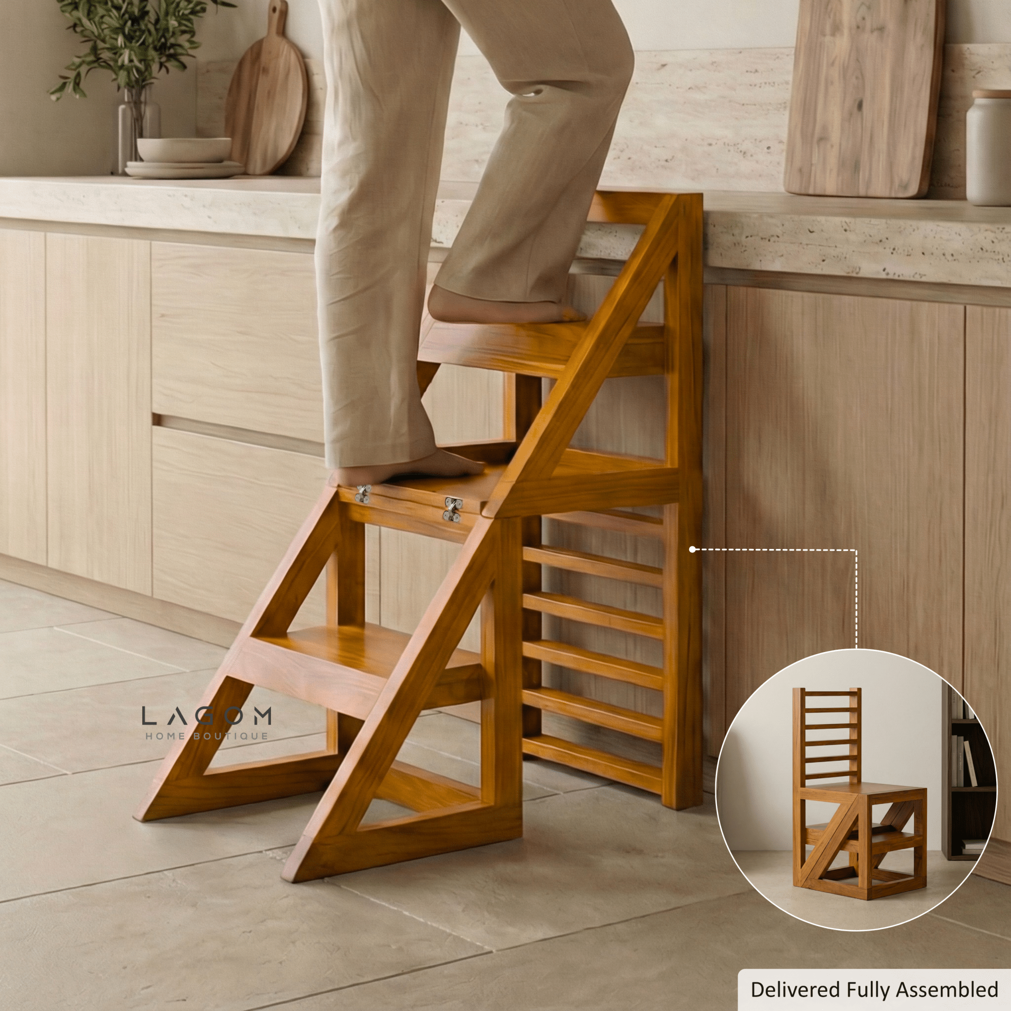 2 - in - 1 Teak Wood Step Stool & Chair - Sturdy Design - Step Stool - Lagom Home Boutique