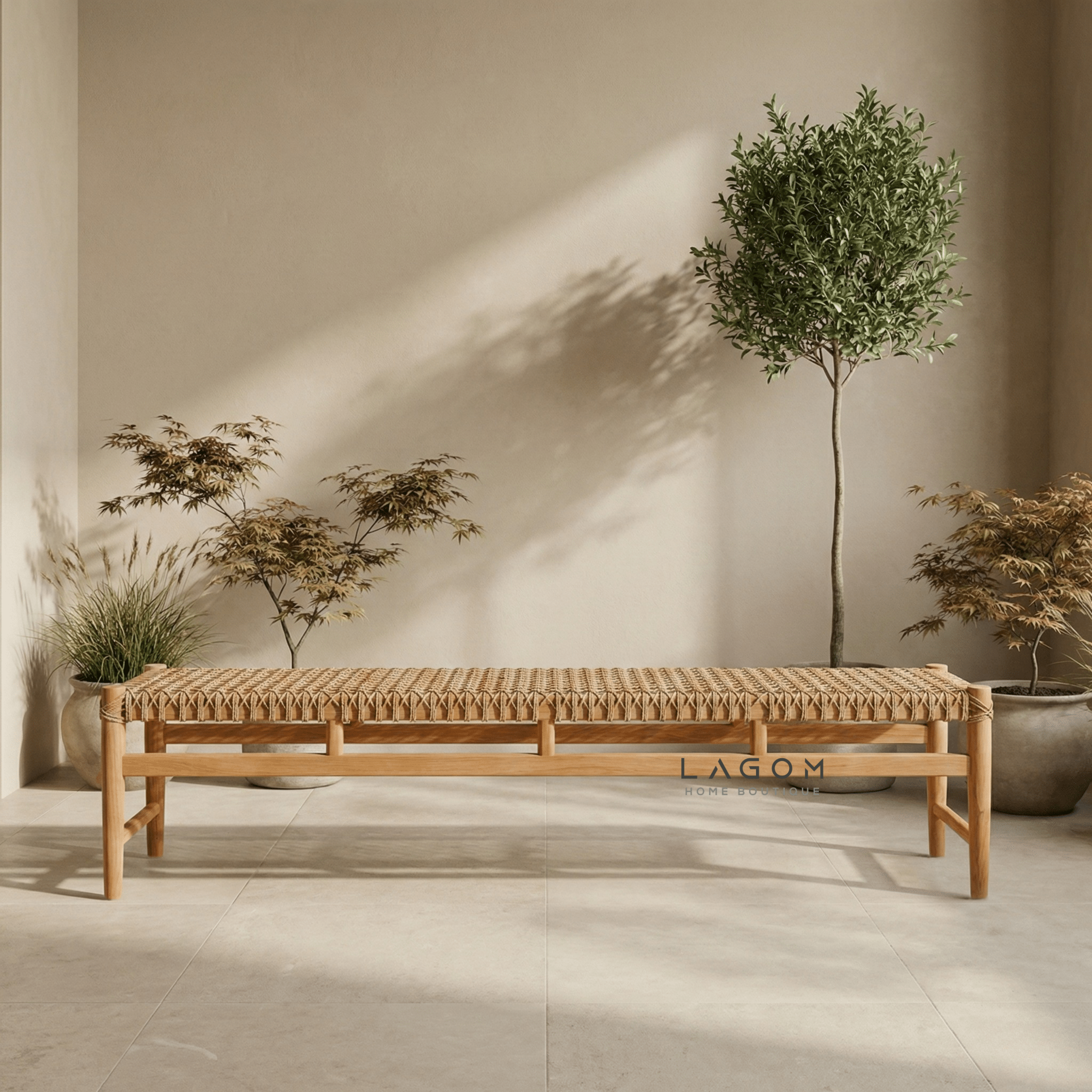 200 cm Solid Teak Bench with Handwoven Poly Hyacinth - Bench - Lagom Home Boutique