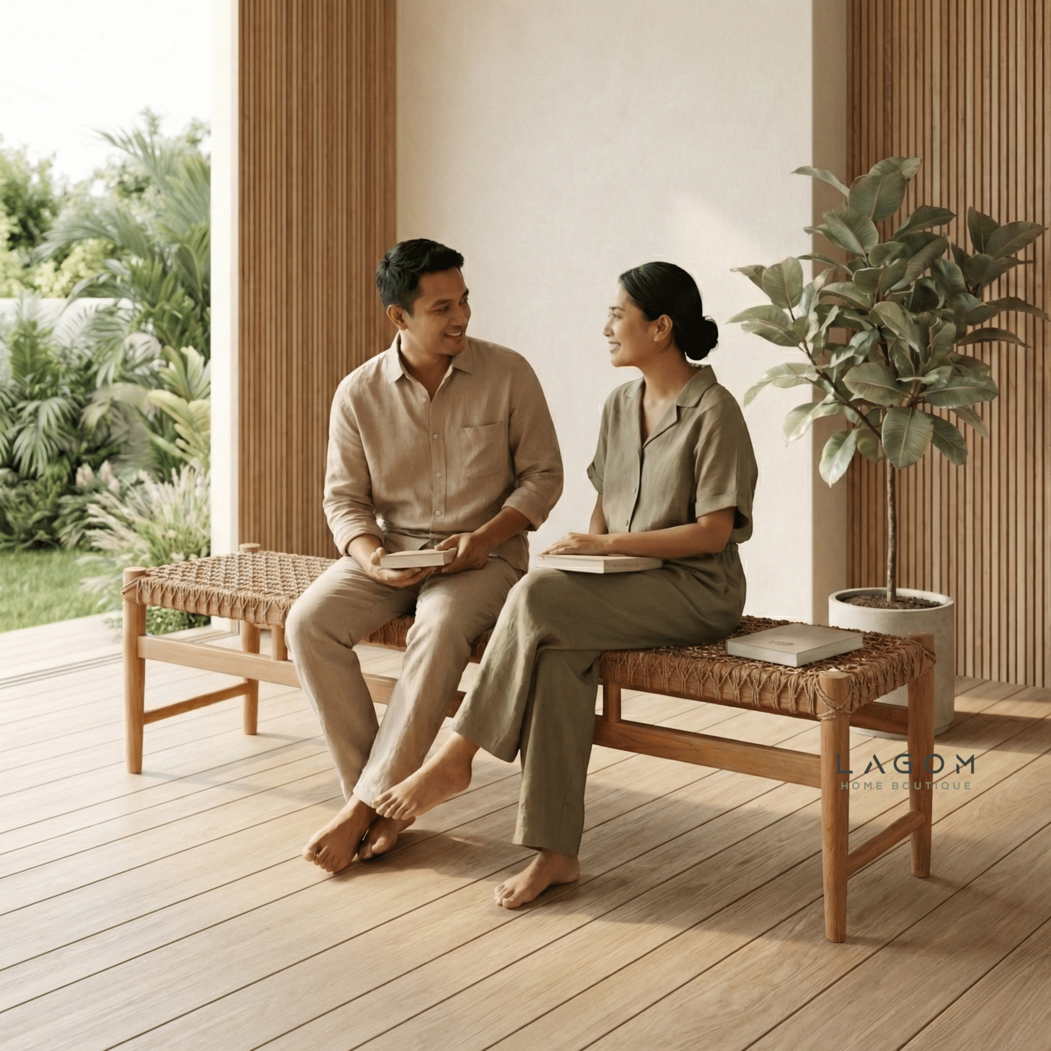 200 cm Solid Teak Bench with Handwoven Poly Hyacinth - Bench - Lagom Home Boutique