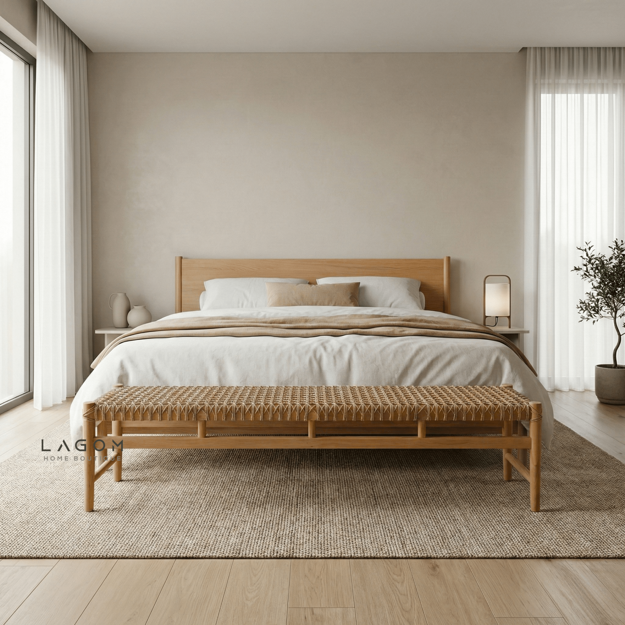 200 cm Solid Teak Bench with Handwoven Poly Hyacinth - Bench - Lagom Home Boutique