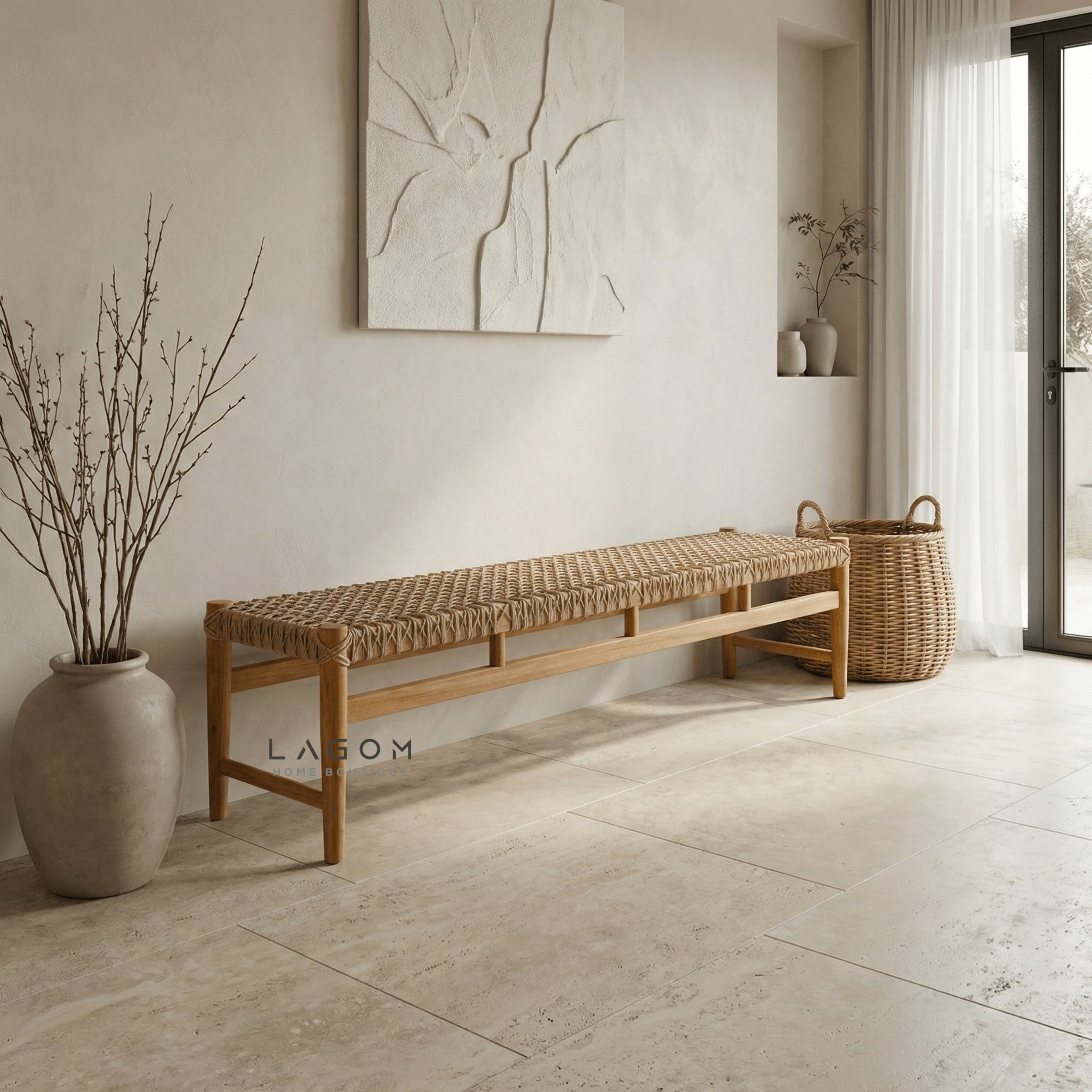 200 cm Solid Teak Bench with Handwoven Poly Hyacinth - Bench - Lagom Home Boutique