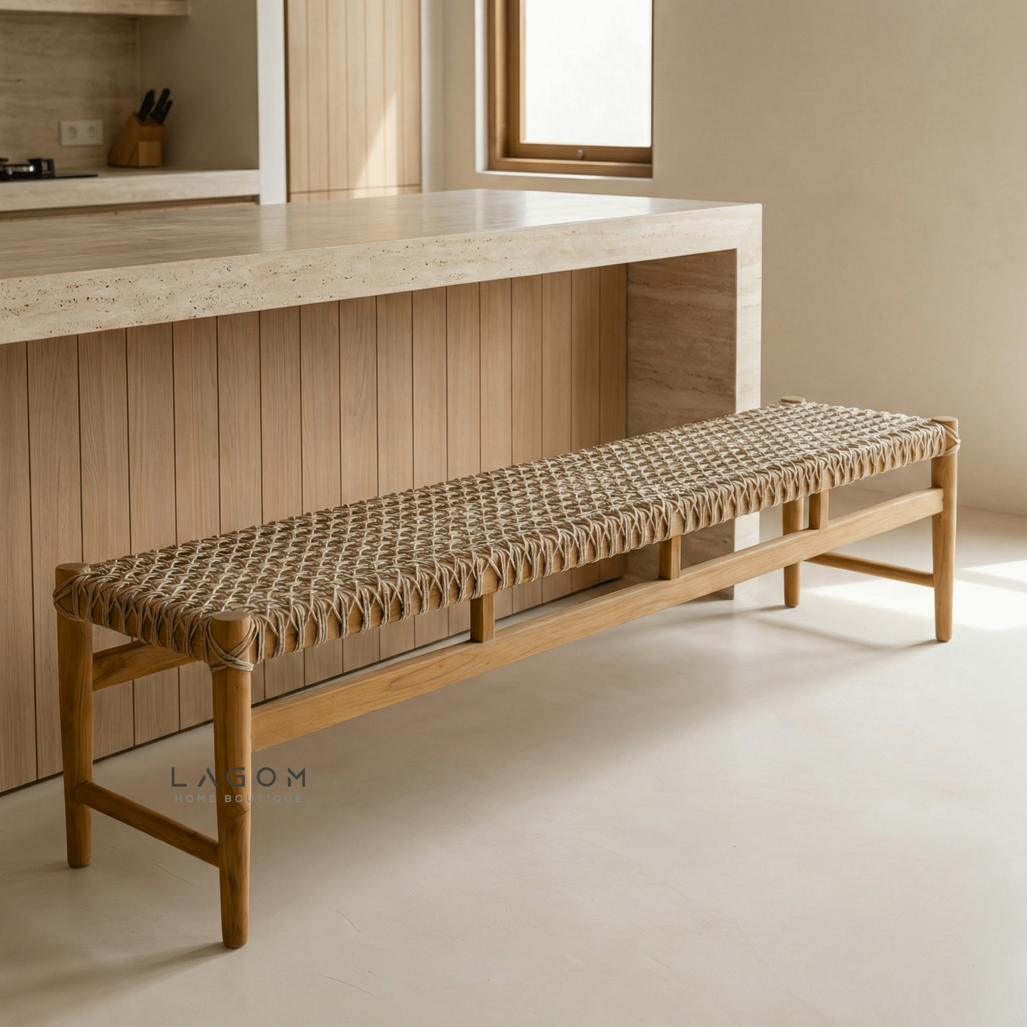 200 cm Solid Teak Bench with Handwoven Poly Hyacinth - Bench - Lagom Home Boutique