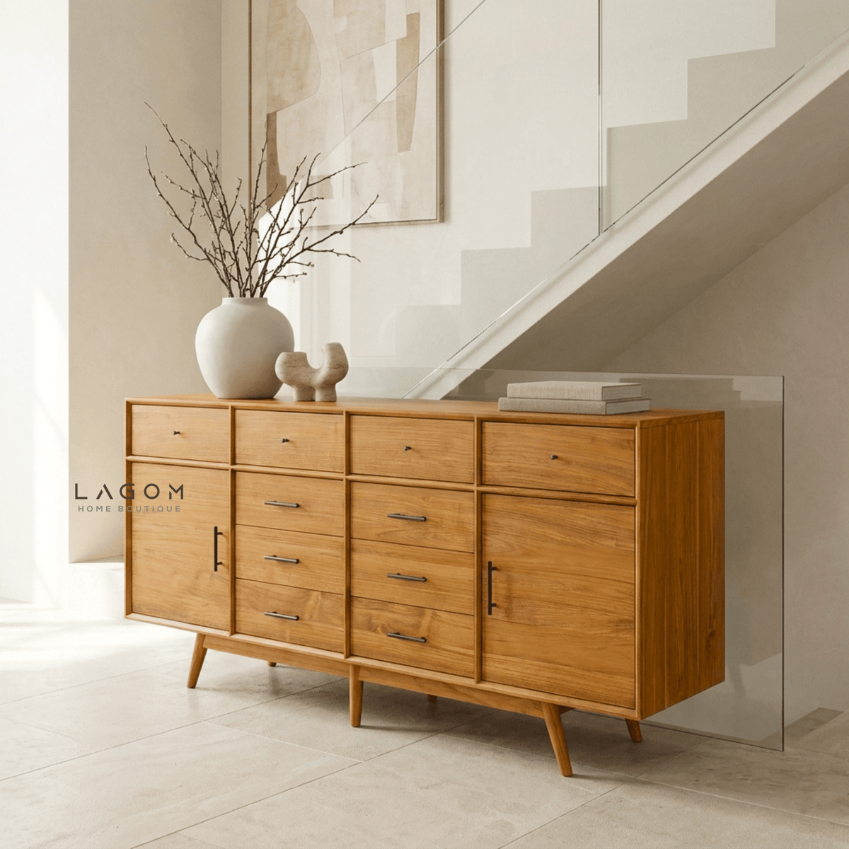 200 cm Teak Sideboard with 10 Drawers & 2 Doors | Walnut B Finish-Buffet-Lagom Home Boutique