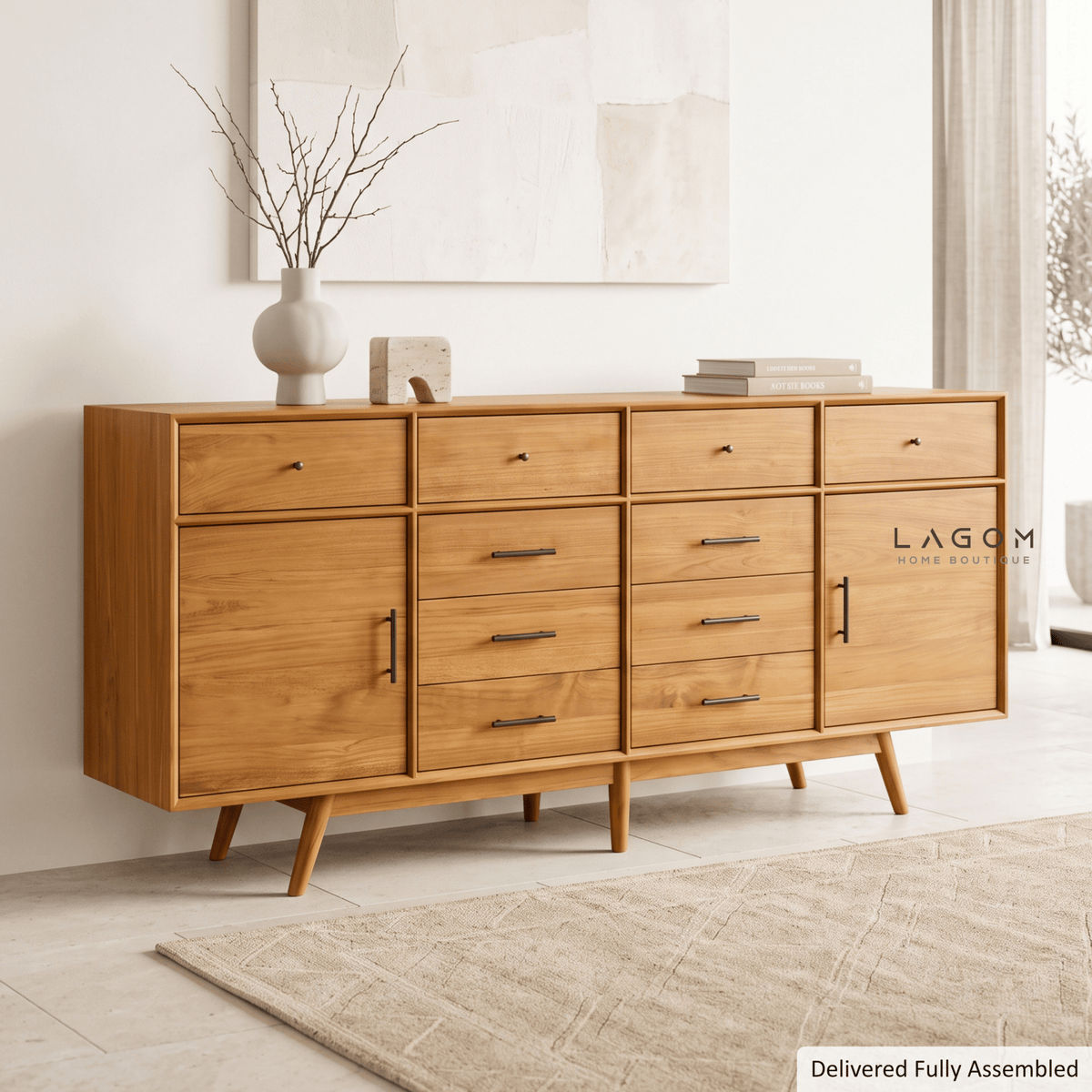 200 cm Teak Sideboard with 10 Drawers & 2 Doors | Walnut B Finish-Buffet-Lagom Home Boutique