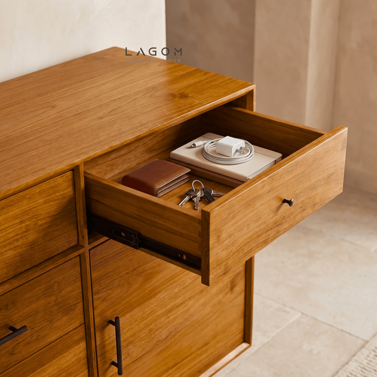 200 cm Teak Sideboard with 10 Drawers & 2 Doors | Walnut B Finish-Buffet-Lagom Home Boutique