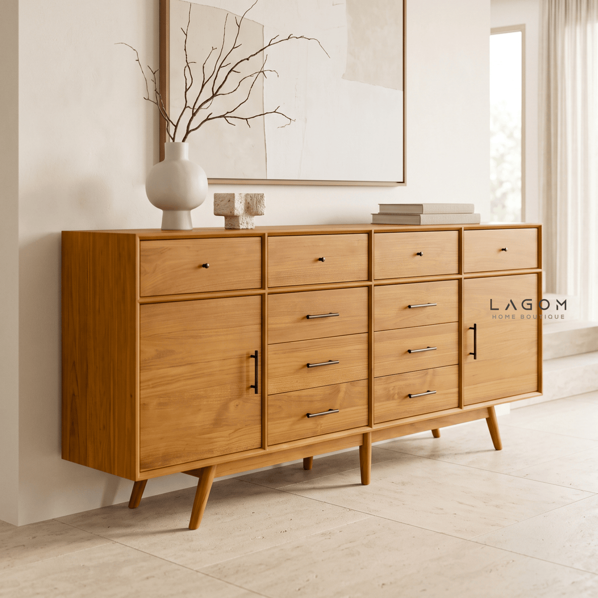 200 cm Teak Sideboard with 10 Drawers & 2 Doors | Walnut B Finish-Buffet-Lagom Home Boutique
