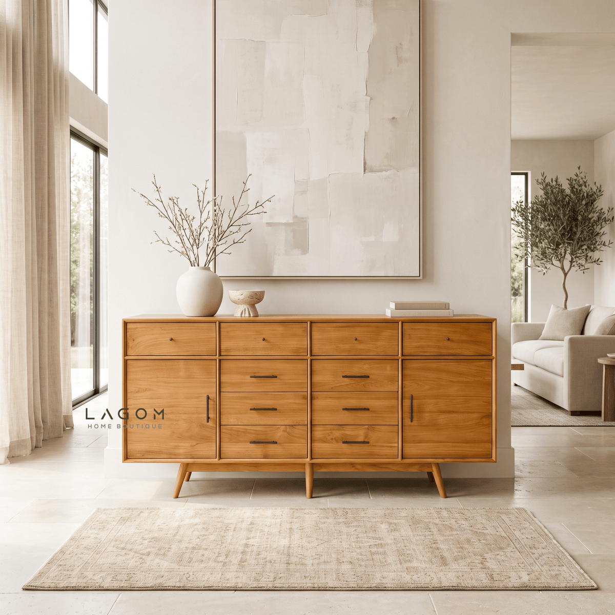 200 cm Teak Sideboard with 10 Drawers & 2 Doors | Walnut B Finish-Buffet-Lagom Home Boutique