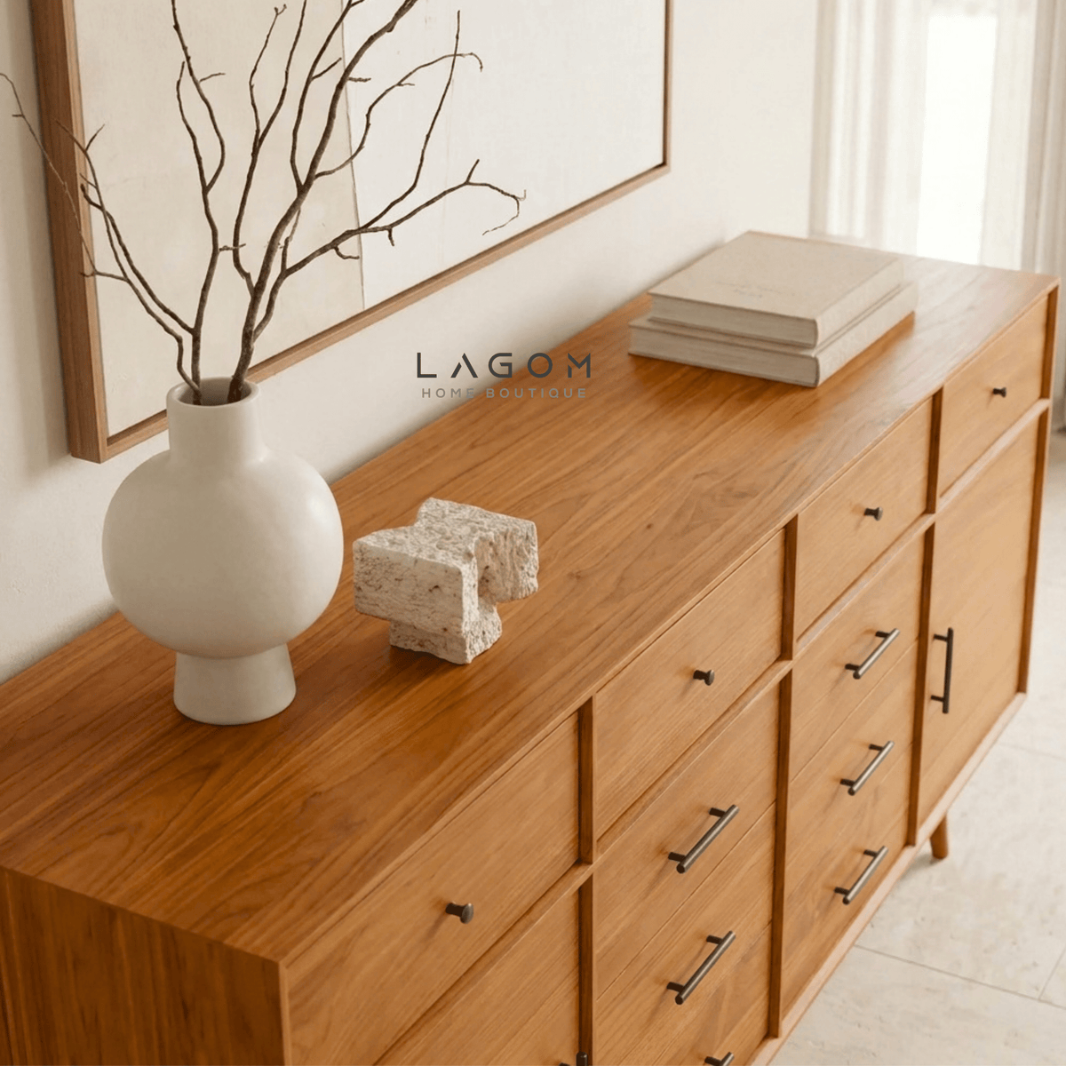 200 cm Teak Sideboard with 10 Drawers & 2 Doors | Walnut B Finish-Buffet-Lagom Home Boutique