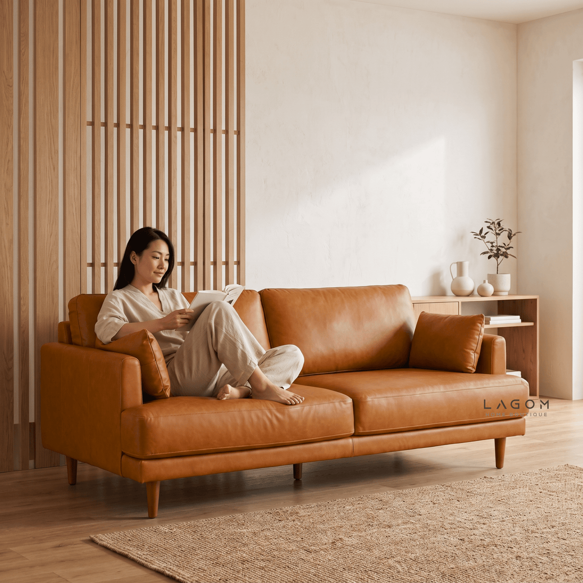 226 cm Sofa — Premium Faux Leather with Solid Teak Frame-Sofa-Lagom Home Boutique