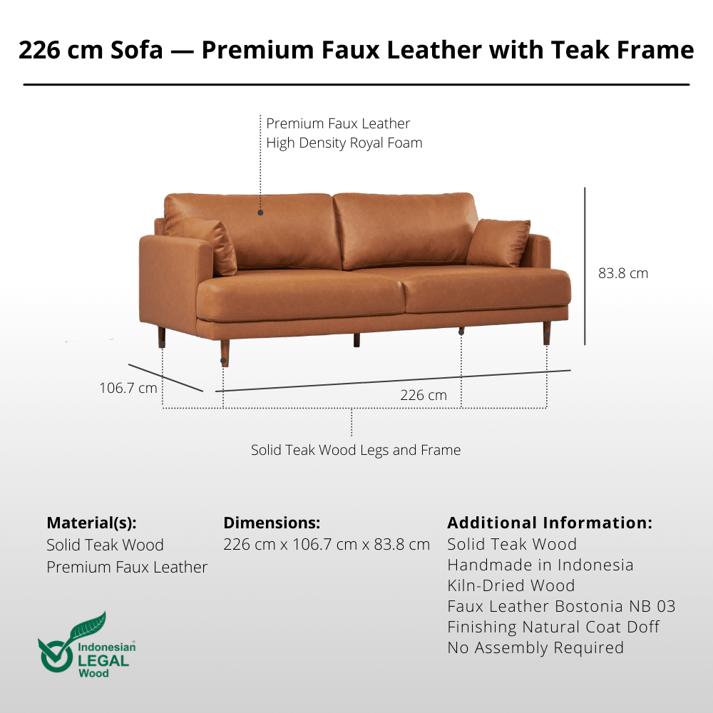 226 cm Sofa — Premium Faux Leather with Solid Teak Frame - Sofa - Lagom Home Boutique