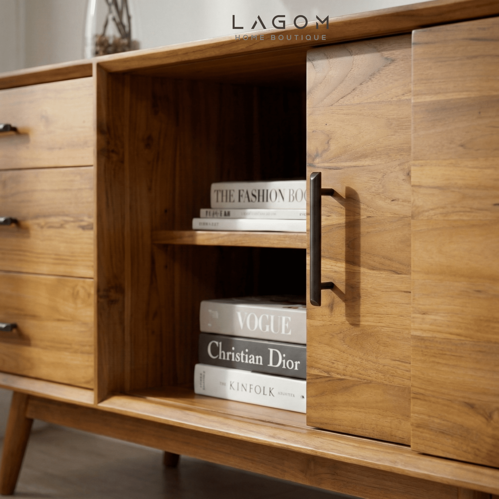 244 cm Teak Wood TV Cabinet with 6 Drawers and 2 Sliding Doors - TV Cabinet - Lagom Home Boutique