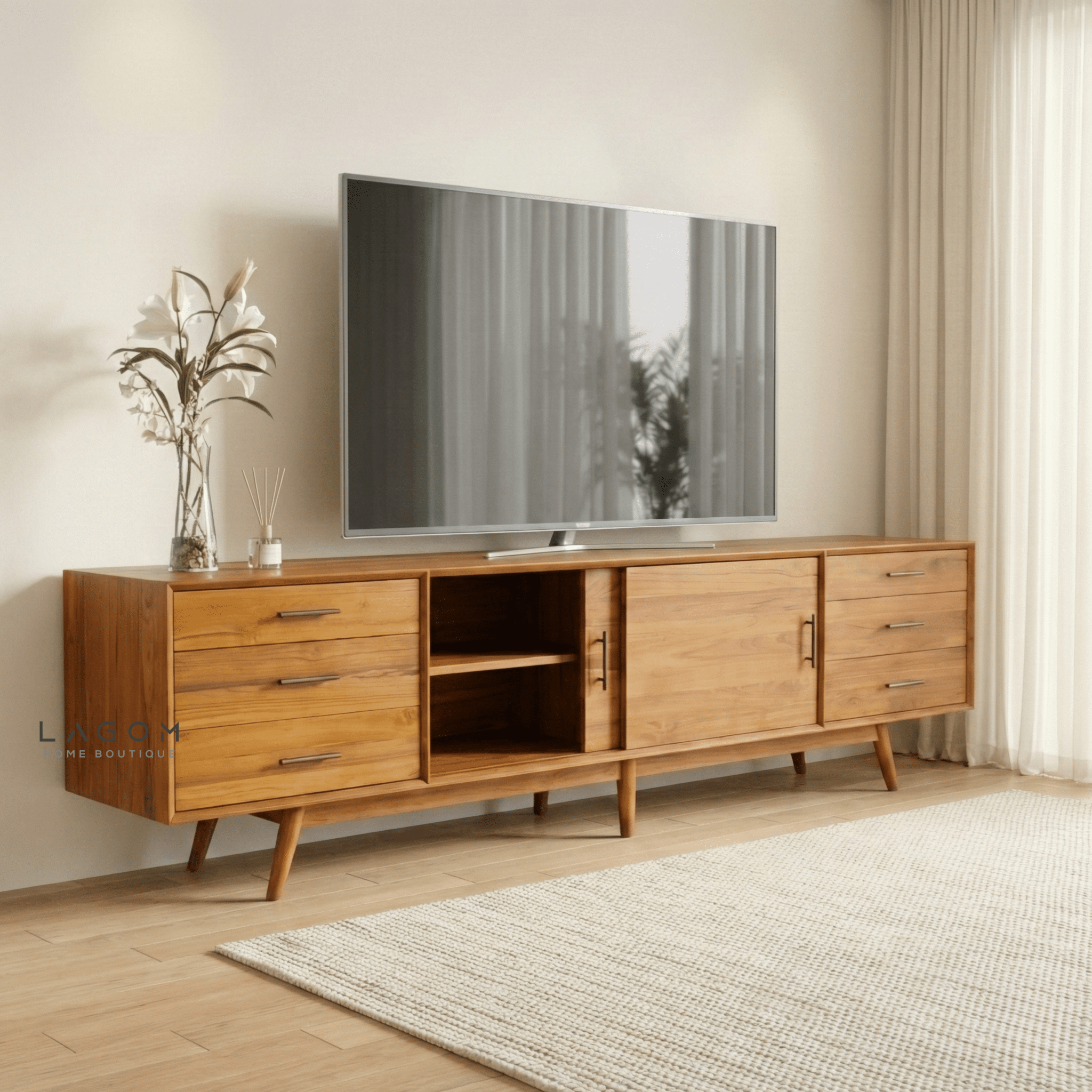244 cm Teak Wood TV Cabinet with 6 Drawers and 2 Sliding Doors - TV Cabinet - Lagom Home Boutique