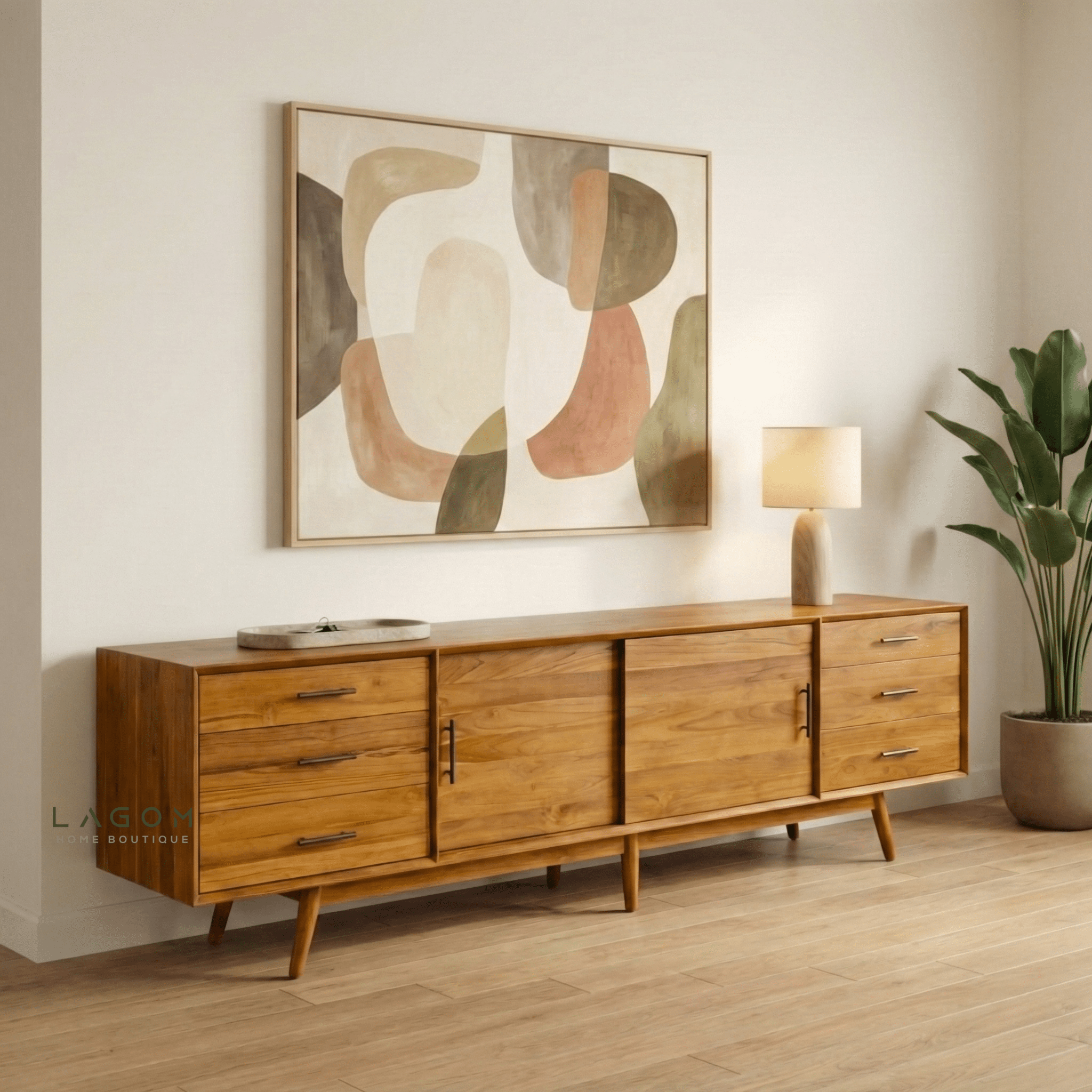 244 cm Teak Wood TV Cabinet with 6 Drawers and 2 Sliding Doors - TV Cabinet - Lagom Home Boutique