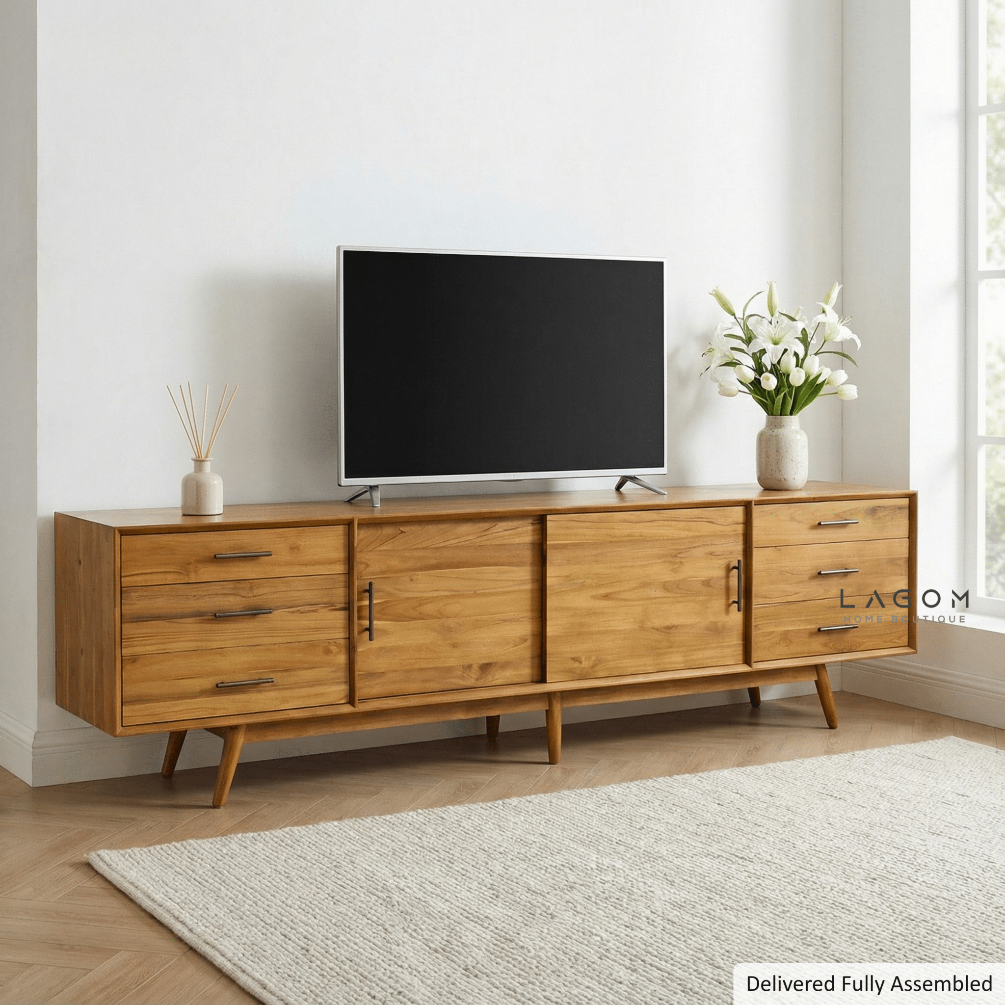 244 cm Teak Wood TV Cabinet with 6 Drawers and 2 Sliding Doors - TV Cabinet - Lagom Home Boutique