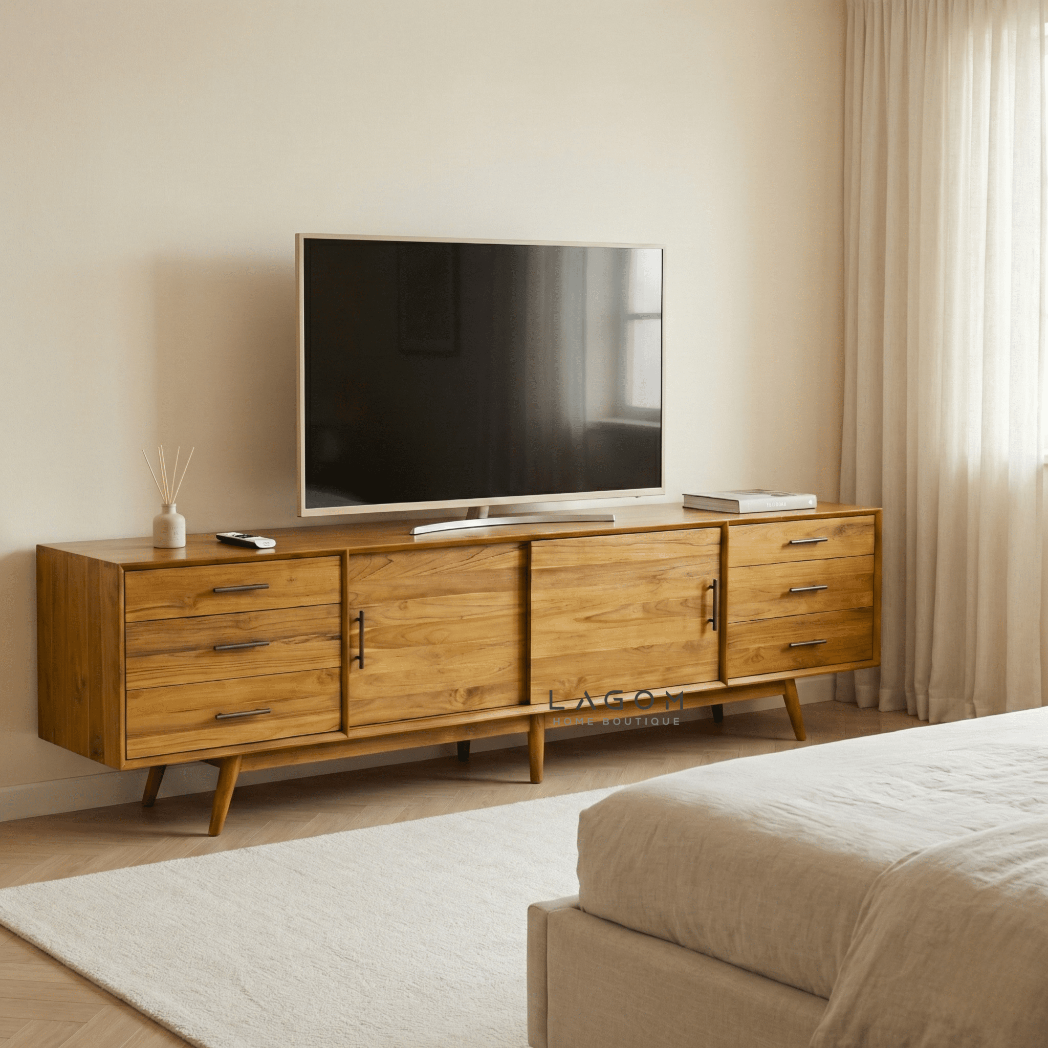 244 cm Teak Wood TV Cabinet with 6 Drawers and 2 Sliding Doors - TV Cabinet - Lagom Home Boutique