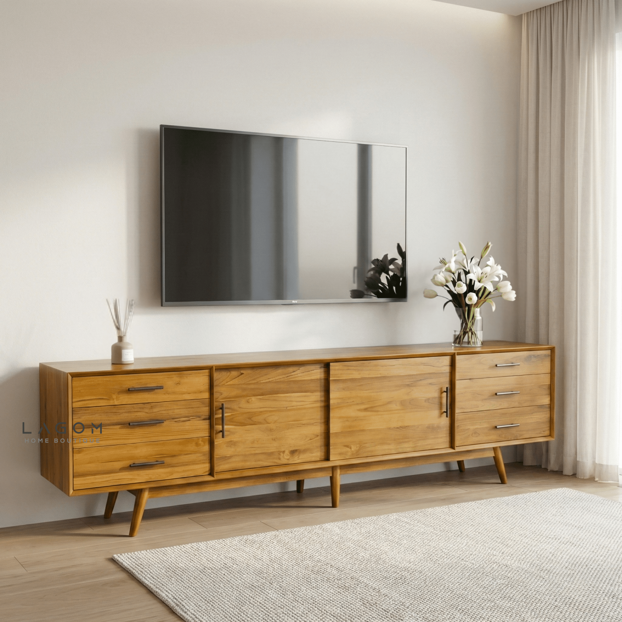 244 cm Teak Wood TV Cabinet with 6 Drawers and 2 Sliding Doors - TV Cabinet - Lagom Home Boutique