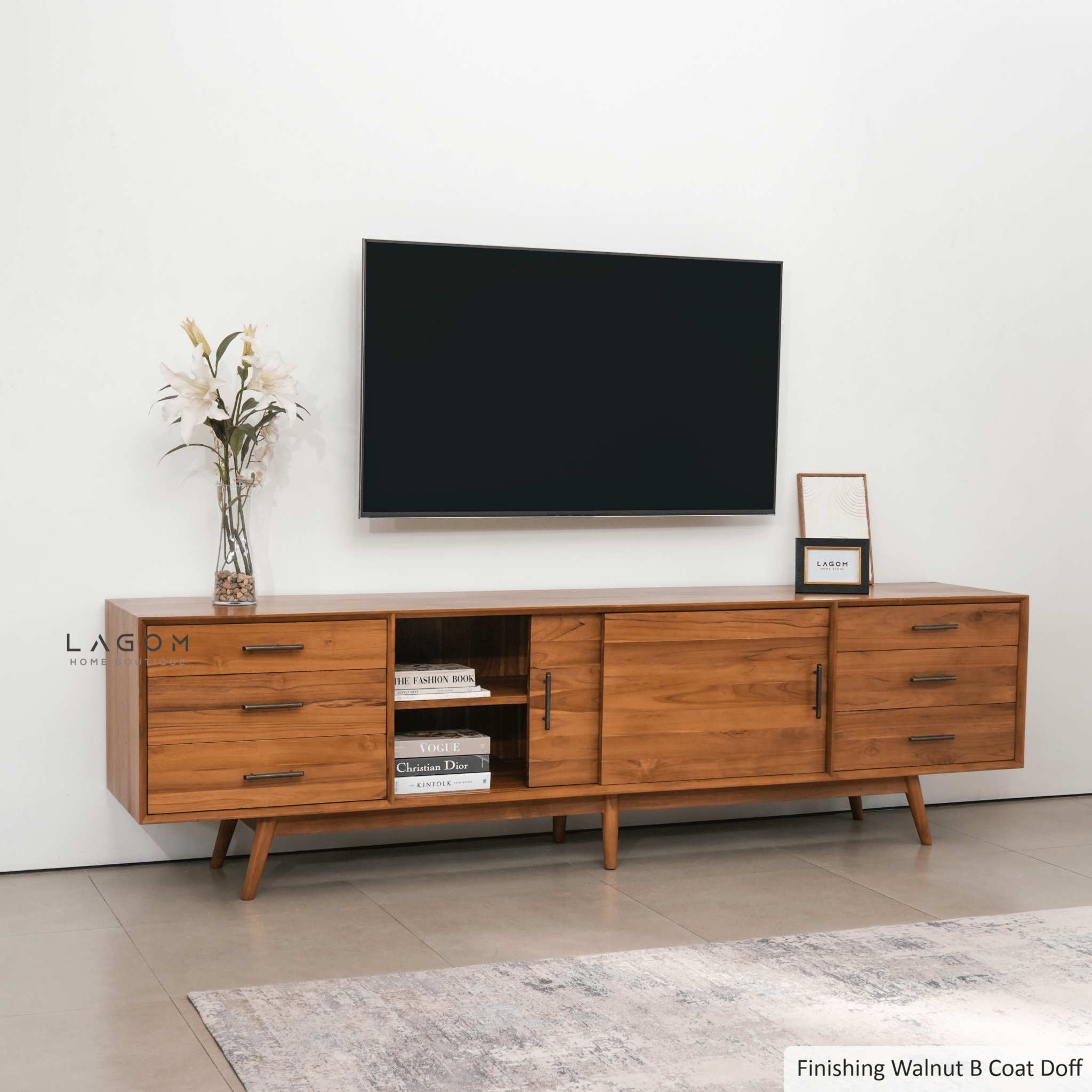244 cm Teak Wood TV Cabinet with Drawers and Sliding Doors - TV Cabinet - Lagom Home Boutique