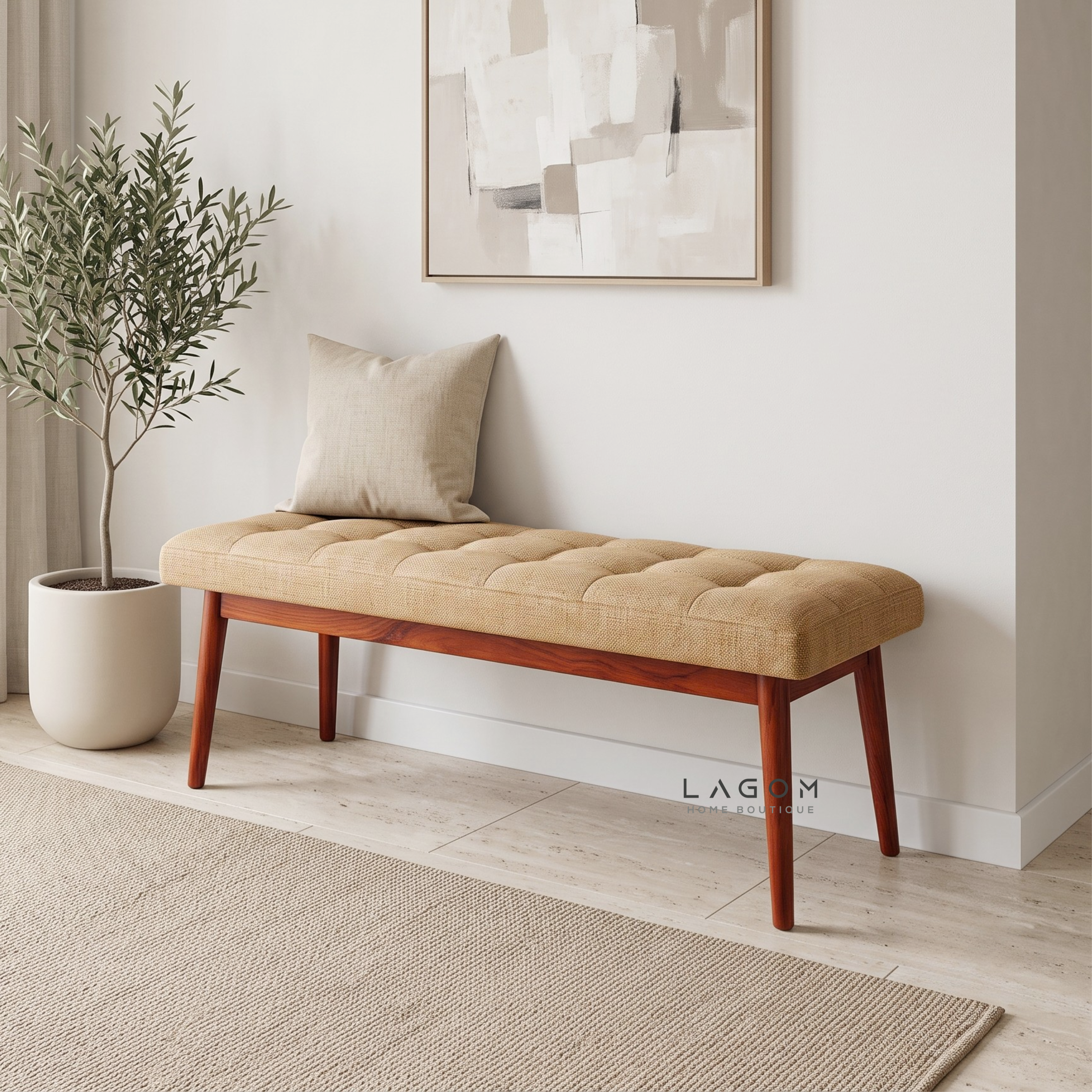 Solid Teak Bench with Tufted Cushion