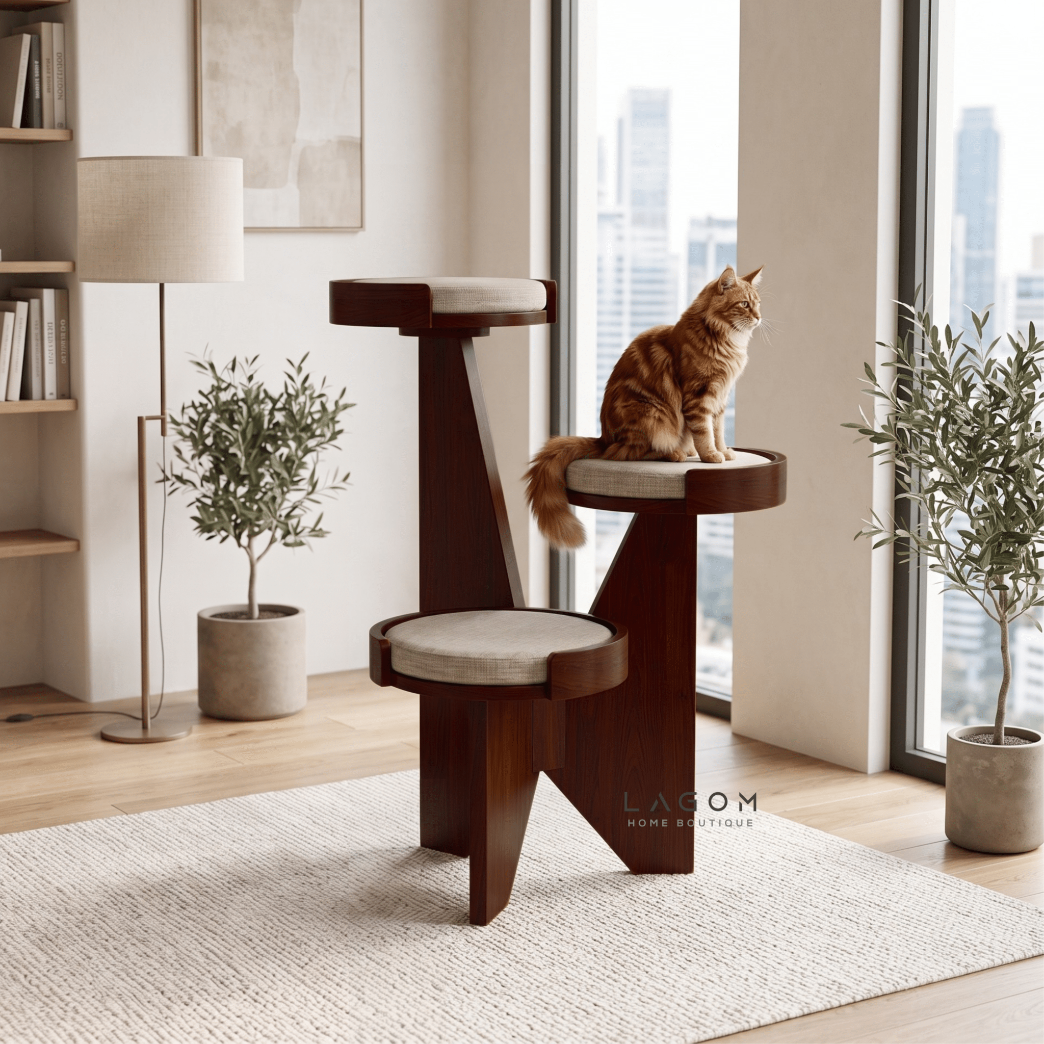 3-Level Solid Teak Cat Tree-Cat Tree-Lagom Home Boutique