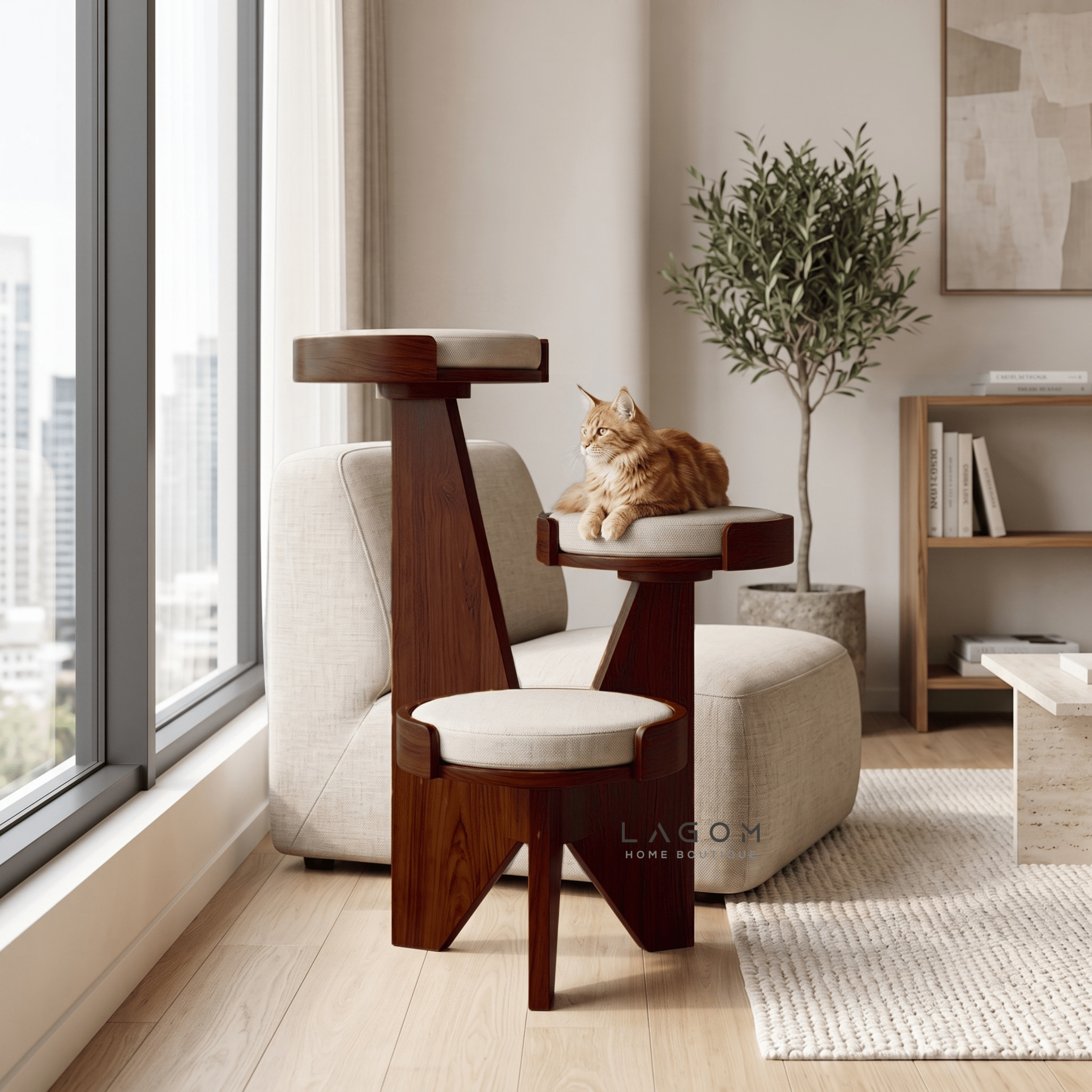 3-Level Solid Teak Cat Tree-Cat Tree-Lagom Home Boutique