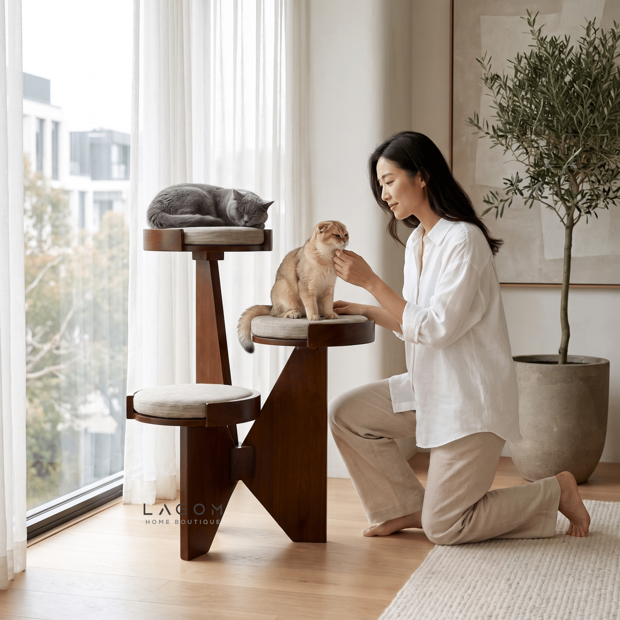 3-Level Solid Teak Cat Tree-Cat Tree-Lagom Home Boutique