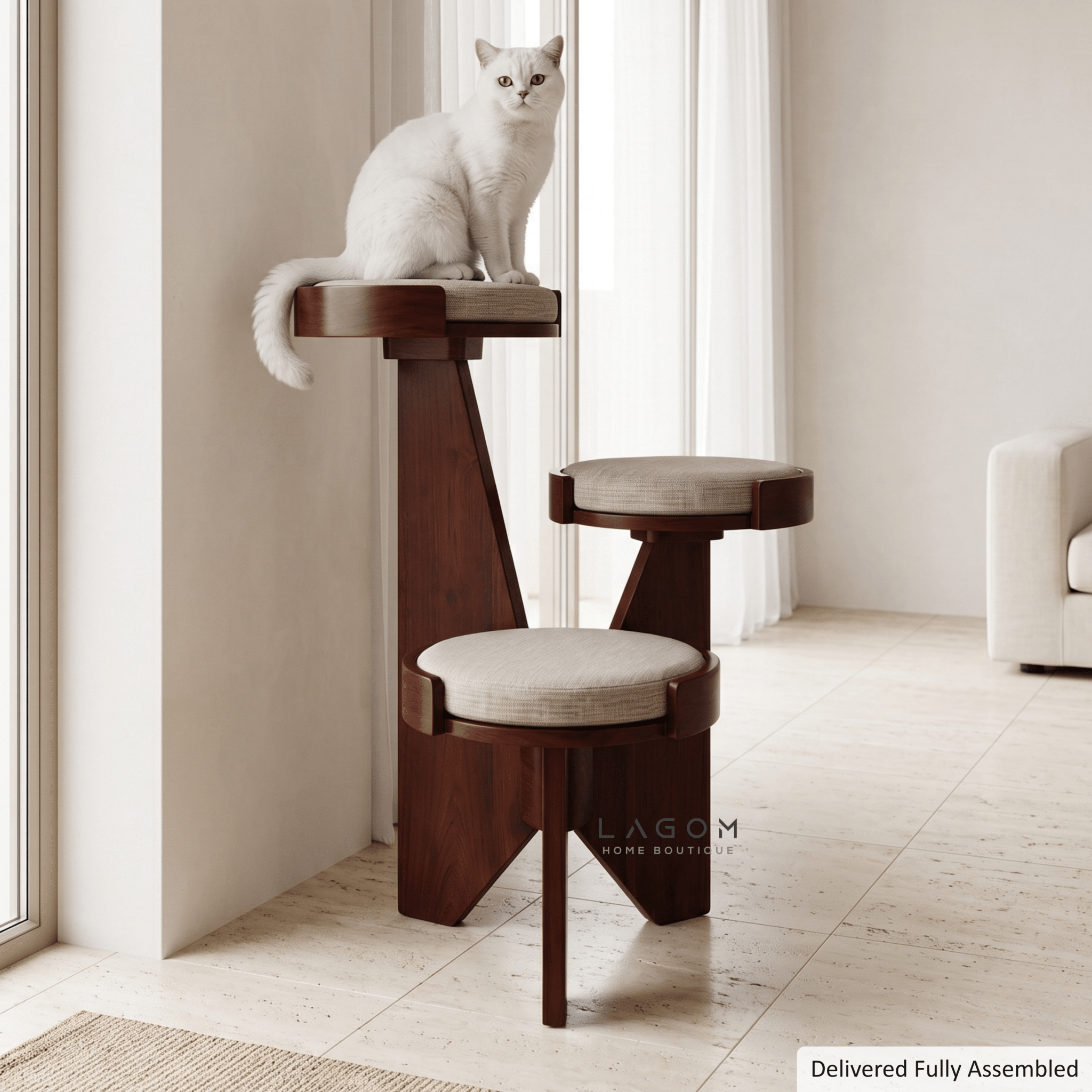 3-Level Solid Teak Cat Tree-Cat Tree-Lagom Home Boutique