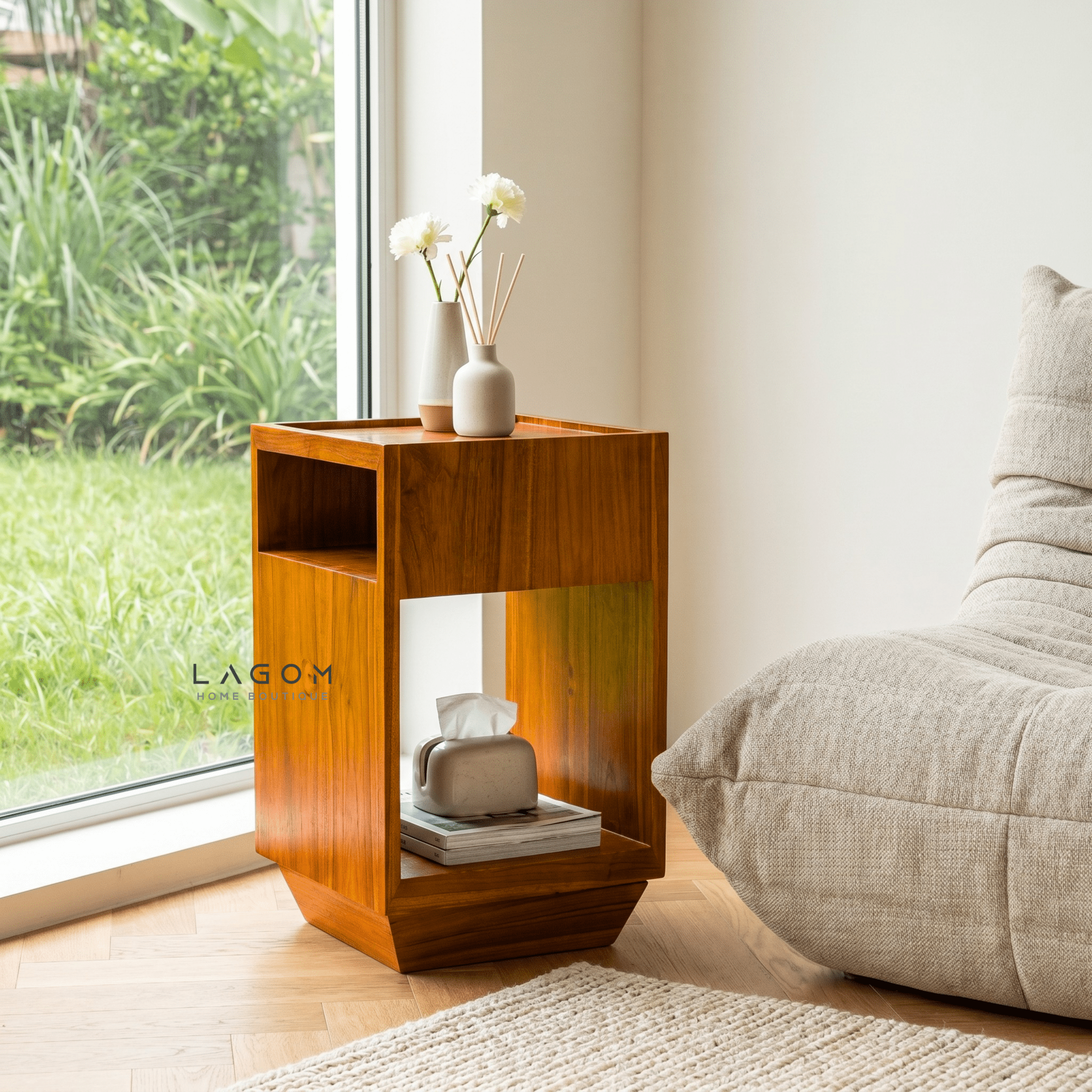 360° Rotating Teak Side Table - Side Table - Lagom Home Boutique