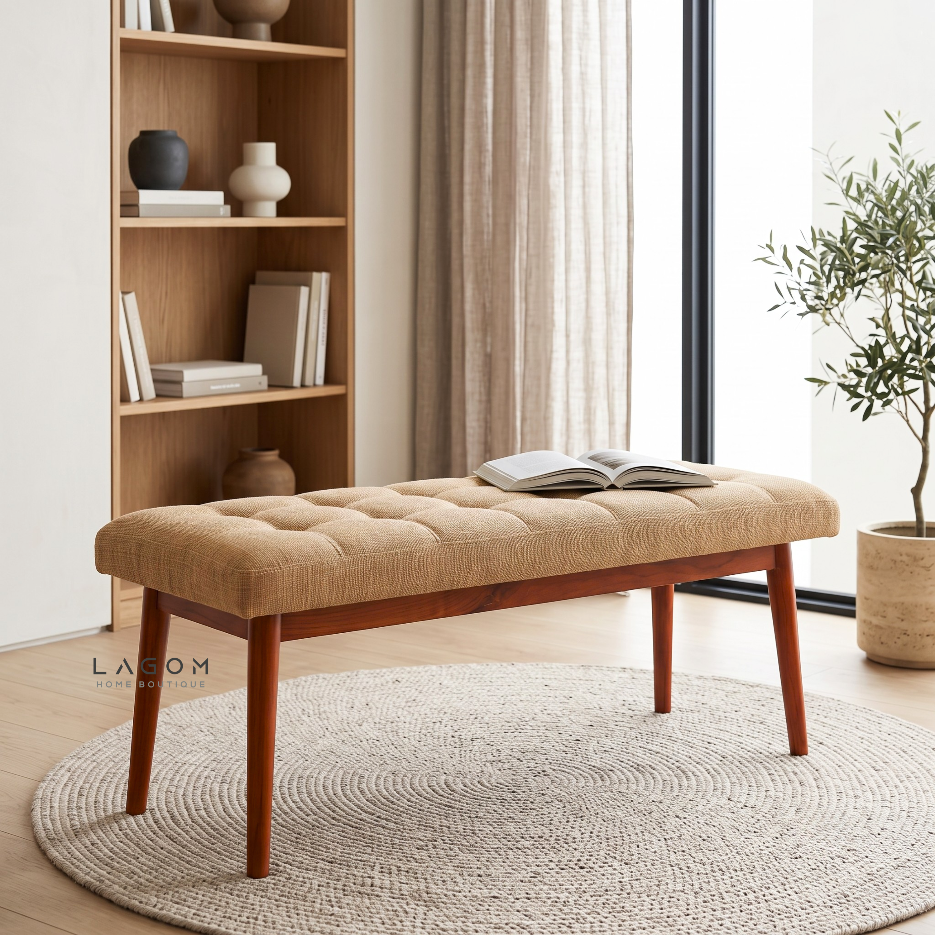 Solid Teak Bench with Tufted Cushion