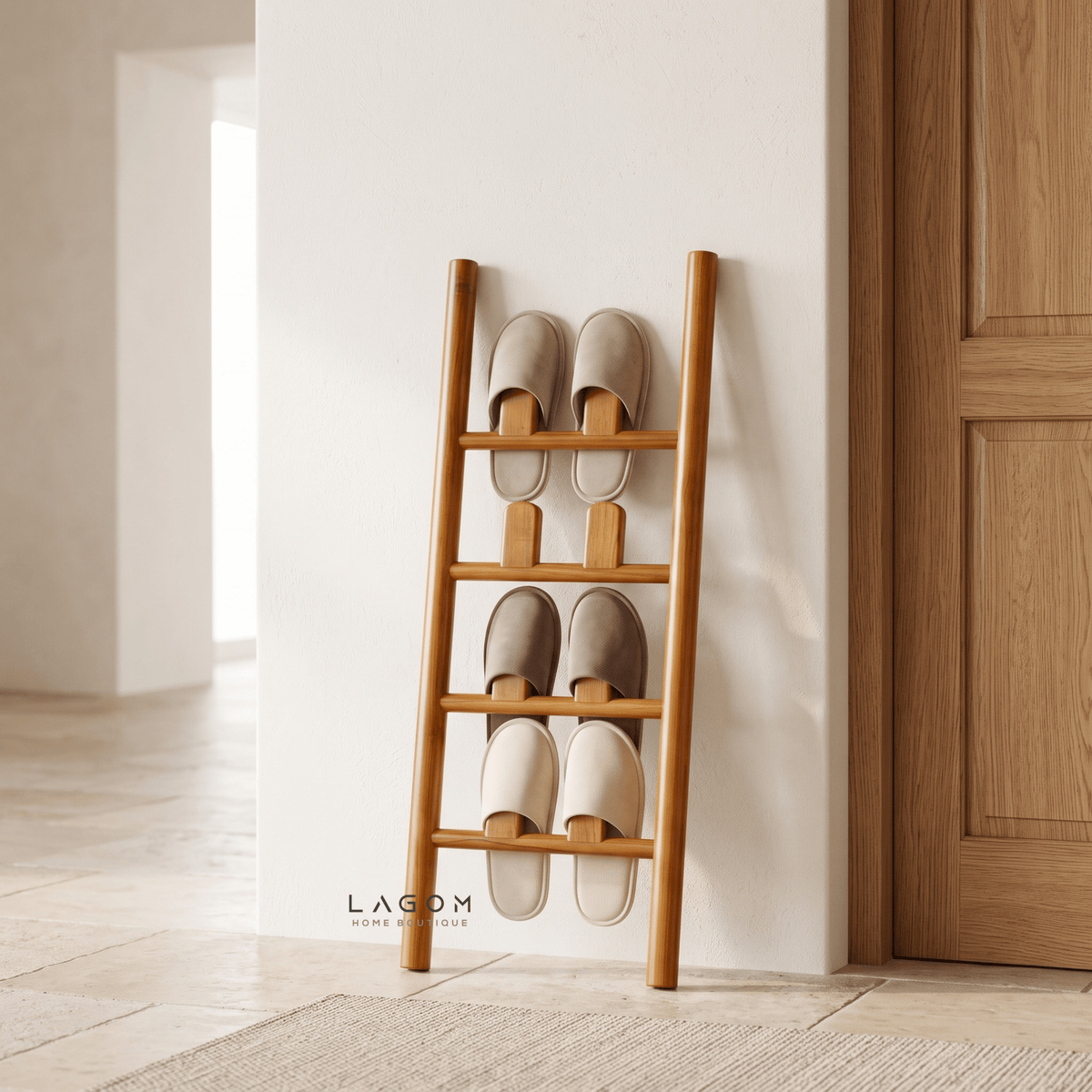 4-Pair Teak Sandal Rack - Leaning Style-Sandal Rack-Lagom Home Boutique