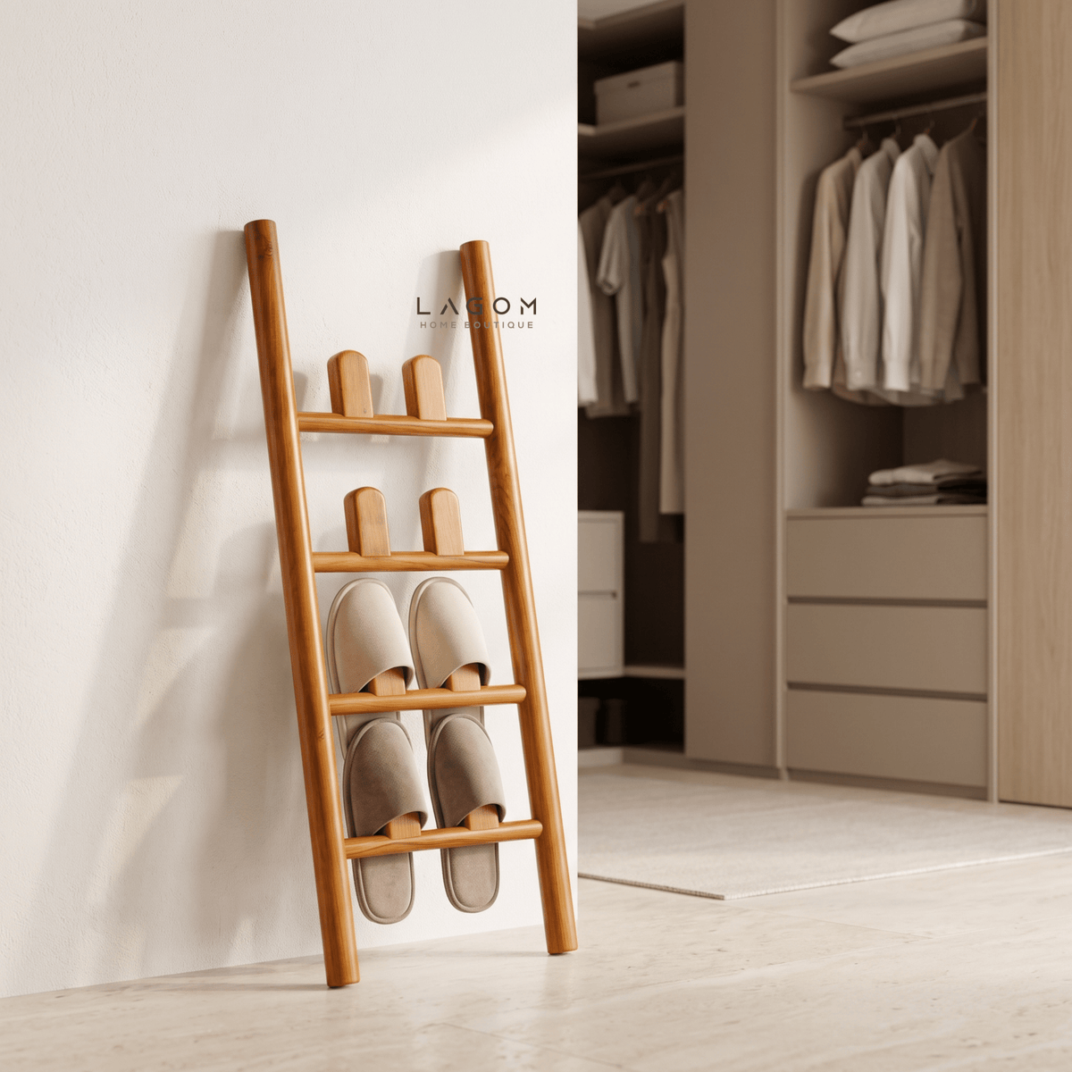 4-Pair Teak Sandal Rack - Leaning Style-Sandal Rack-Lagom Home Boutique