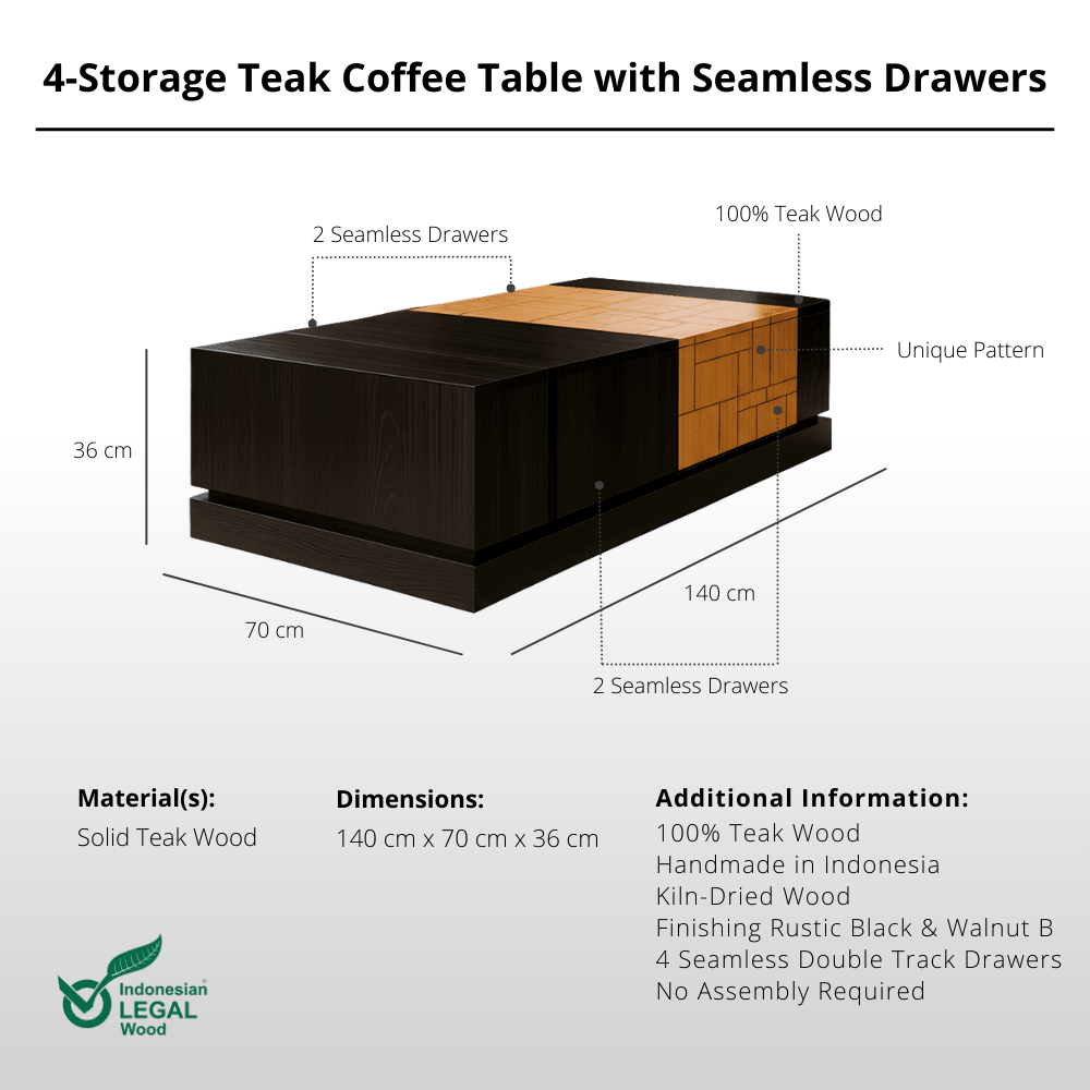 4 - Storage Teak Coffee Table with Seamless Drawers - Coffee Table - Lagom Home Boutique