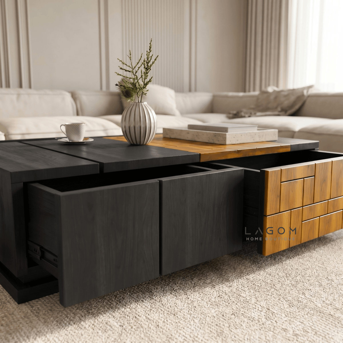 4-Storage Teak Coffee Table with Seamless Drawers-Coffee Table-Lagom Home Boutique