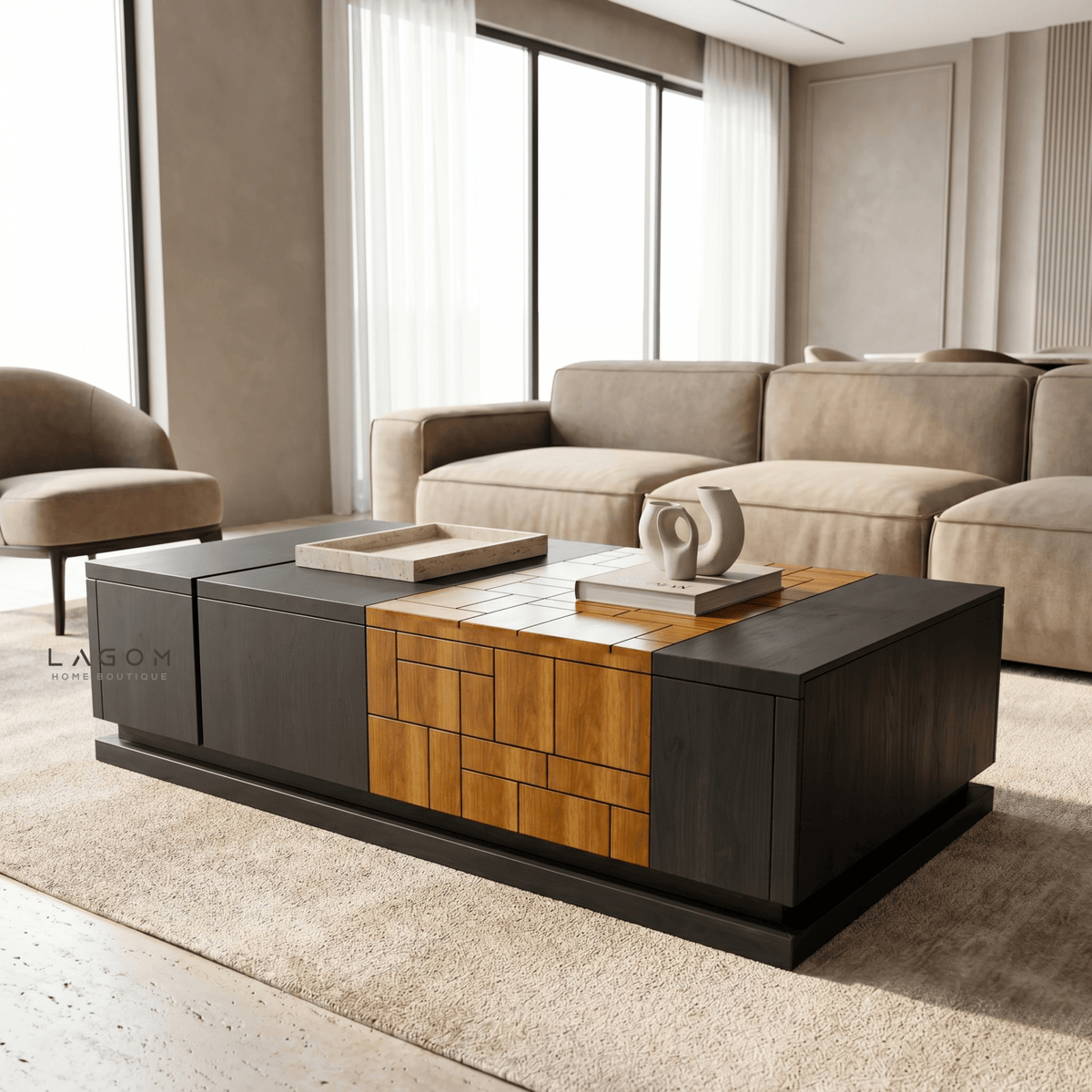 4-Storage Teak Coffee Table with Seamless Drawers-Coffee Table-Lagom Home Boutique