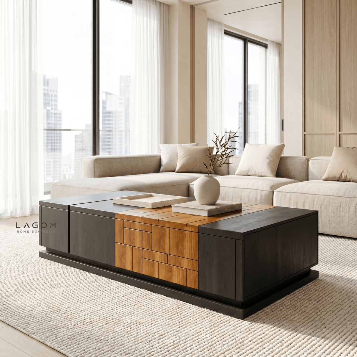 4-Storage Teak Coffee Table with Seamless Drawers-Coffee Table-Lagom Home Boutique