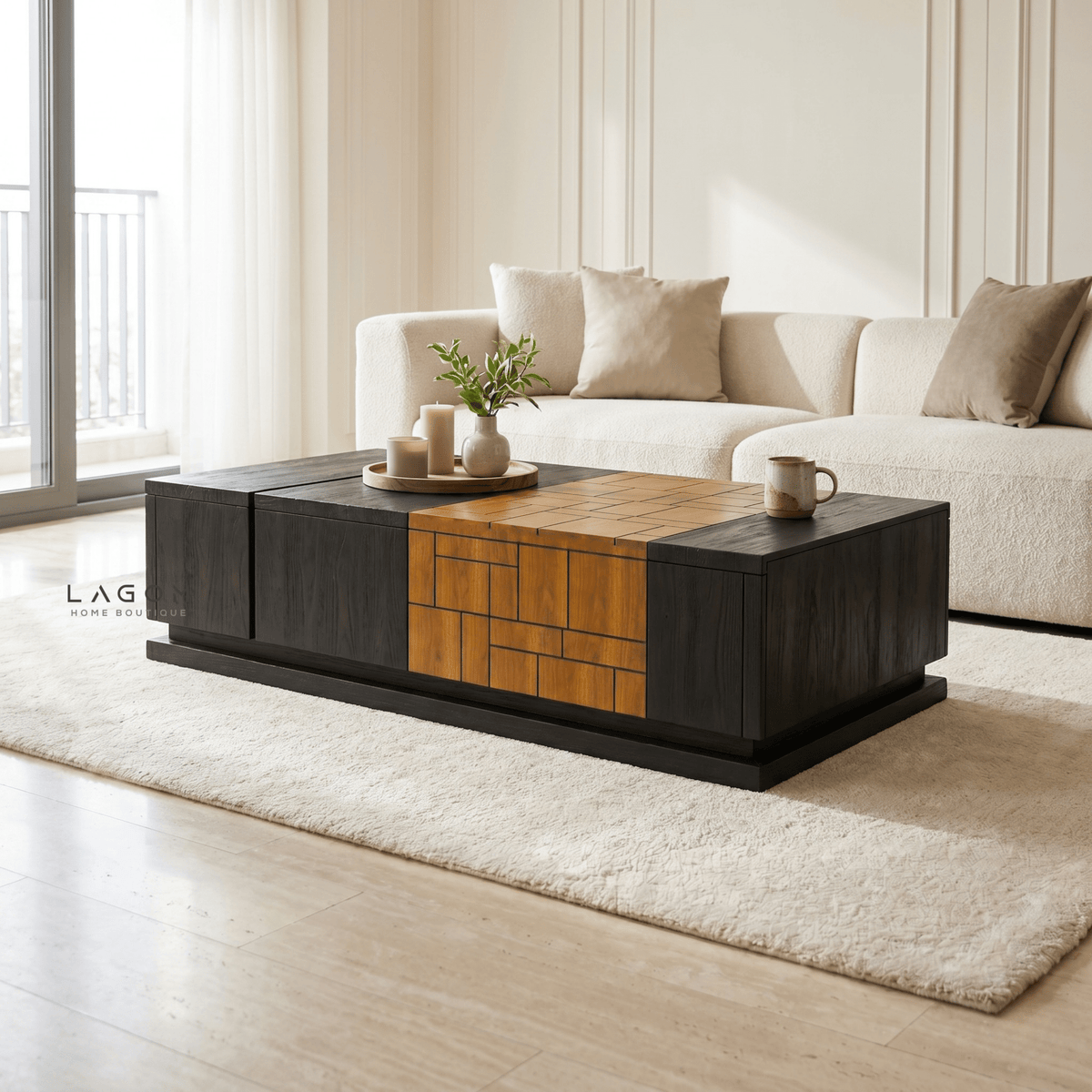 4-Storage Teak Coffee Table with Seamless Drawers-Coffee Table-Lagom Home Boutique