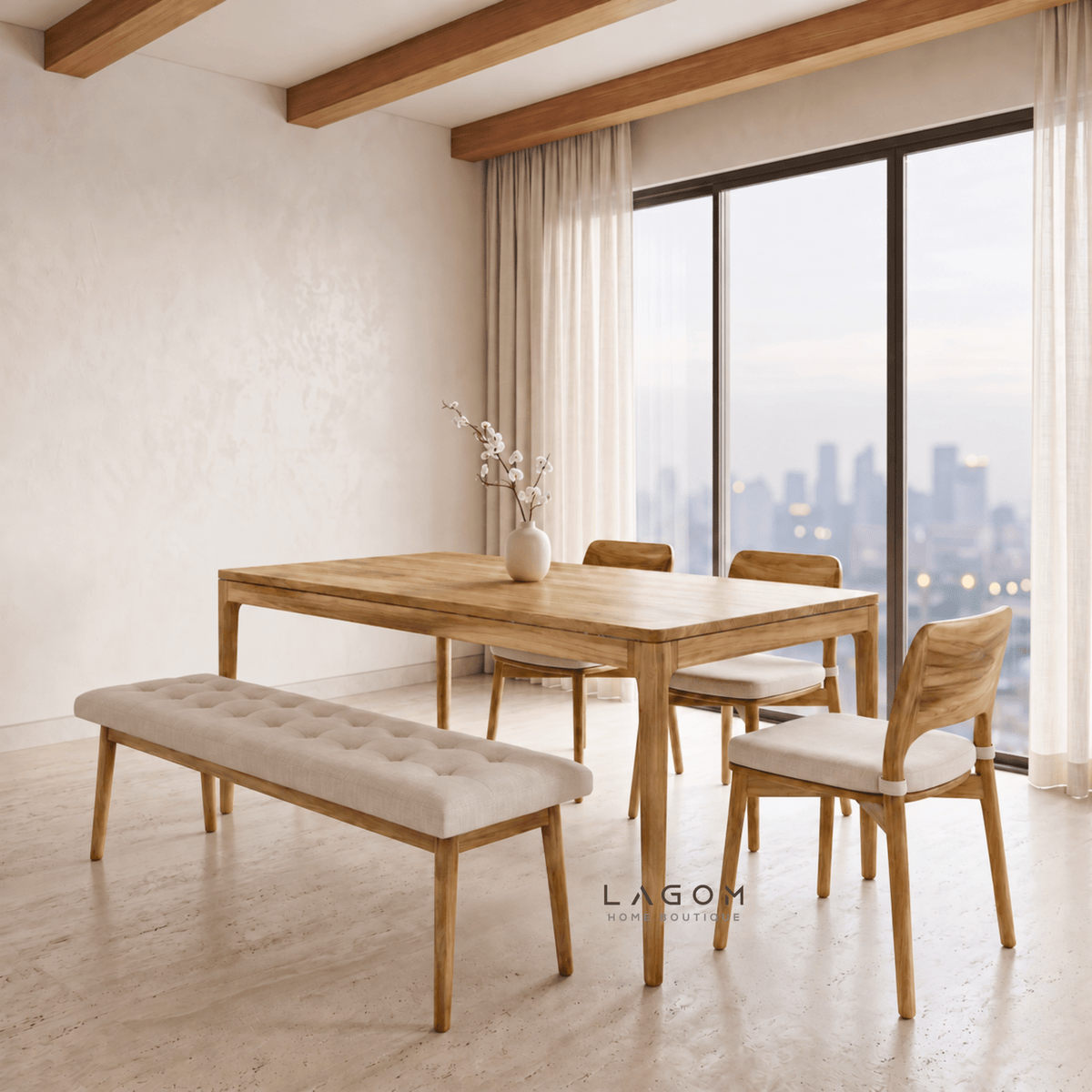 5-Seater Teak Dining Set with Chair and Bench Seating-Dining Set-Lagom Home Boutique