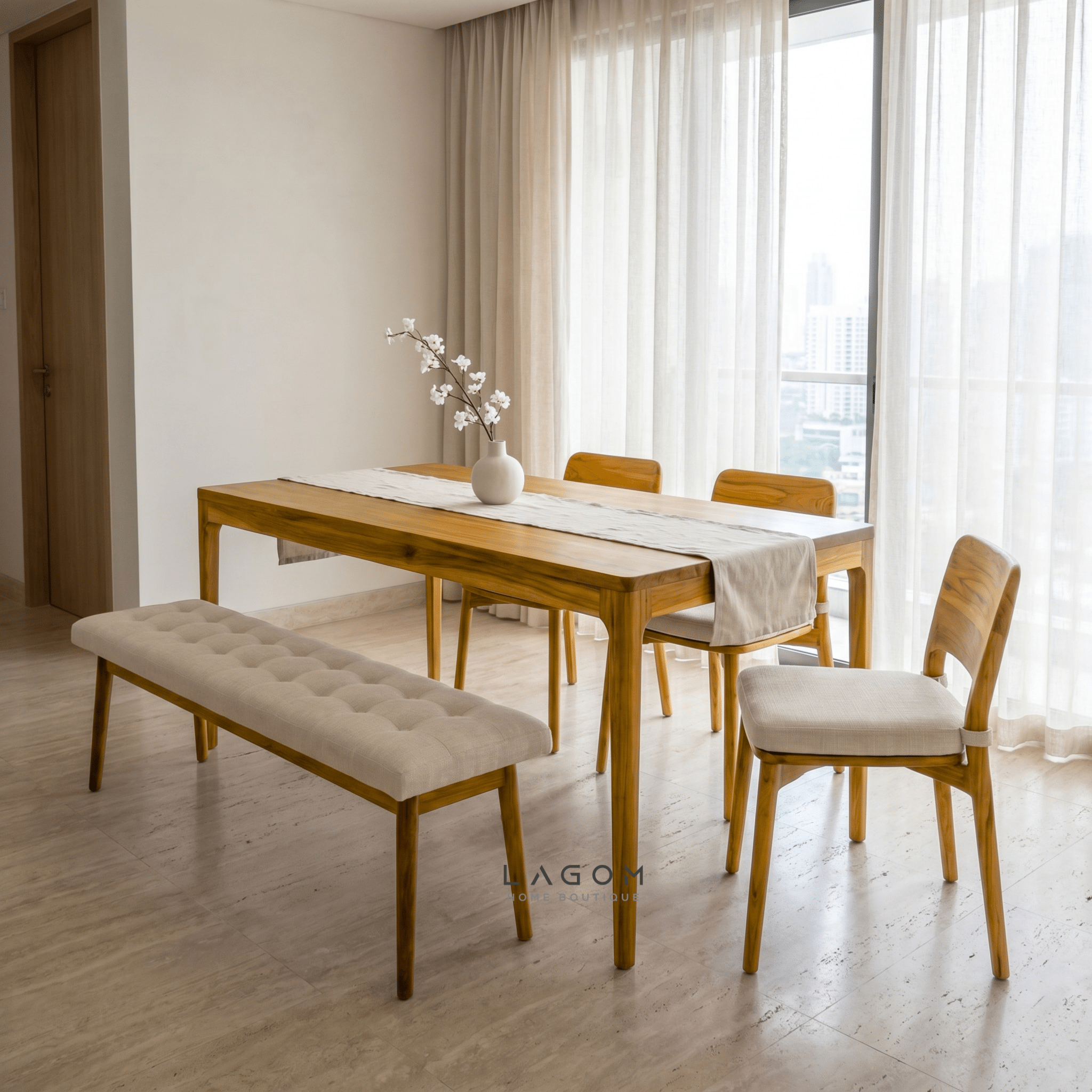 5-Seater Teak Dining Set with Chair and Bench Seating-Dining Set-Lagom Home Boutique
