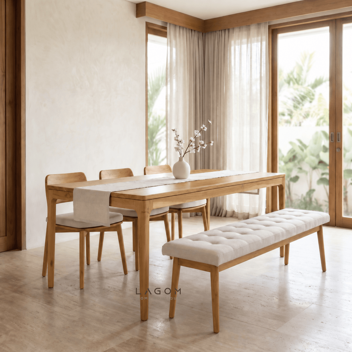 5-Seater Teak Dining Set with Chair and Bench Seating-Dining Set-Lagom Home Boutique
