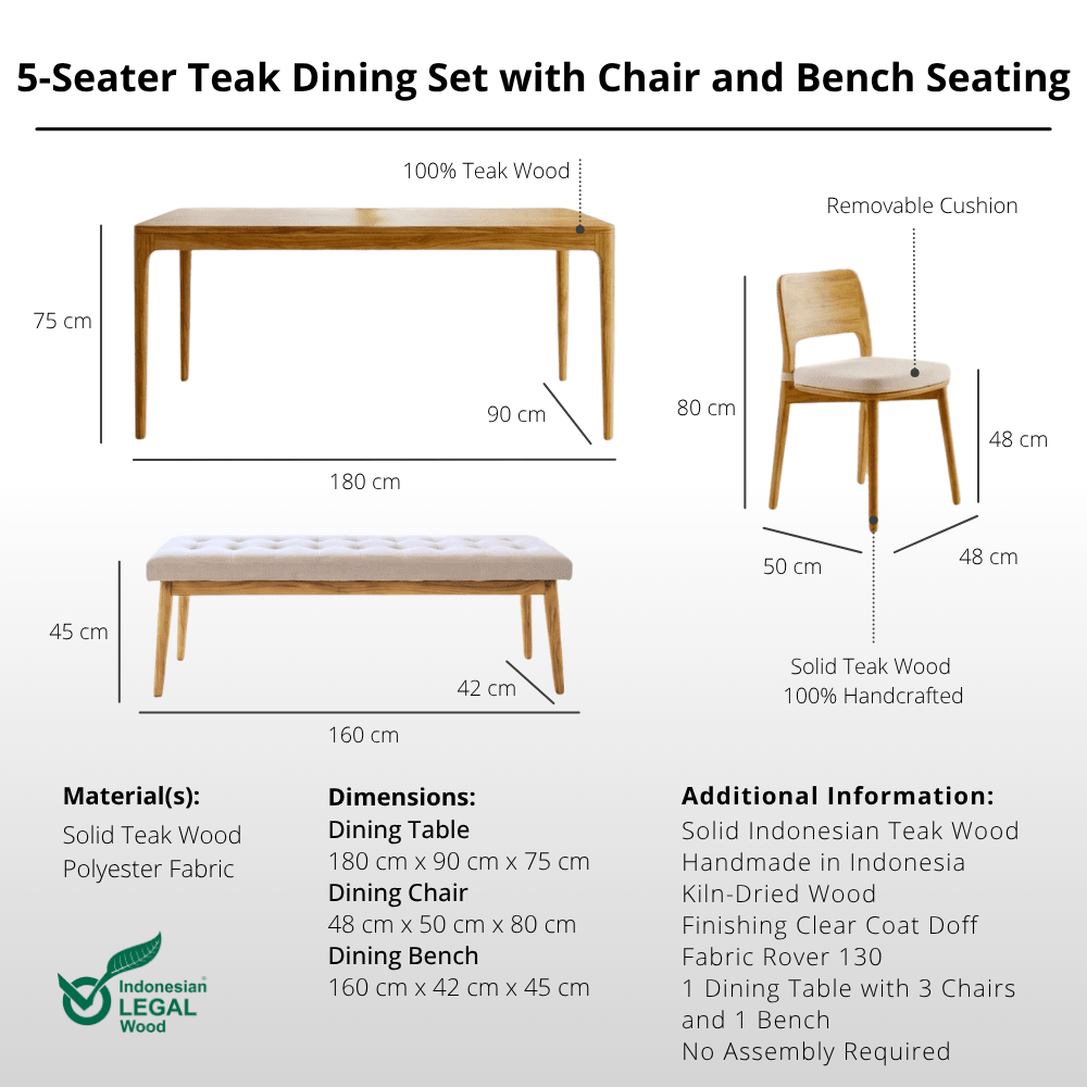 5-Seater Teak Dining Set with Chair and Bench Seating-Dining Set-Lagom Home Boutique
