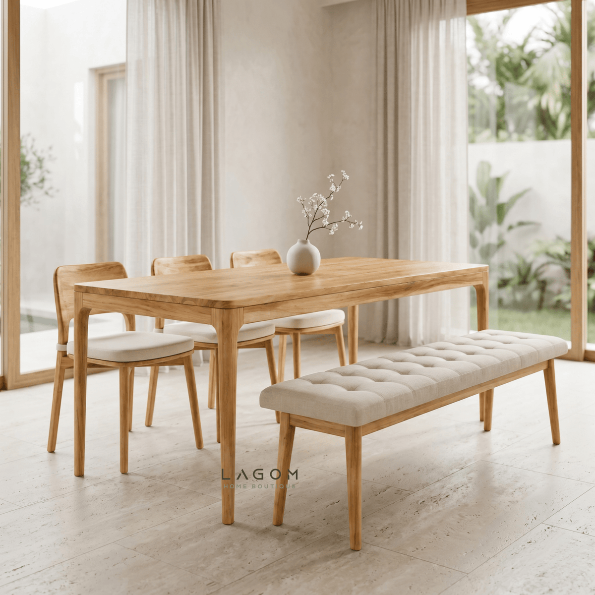 5-Seater Teak Dining Set with Chair and Bench Seating-Dining Set-Lagom Home Boutique