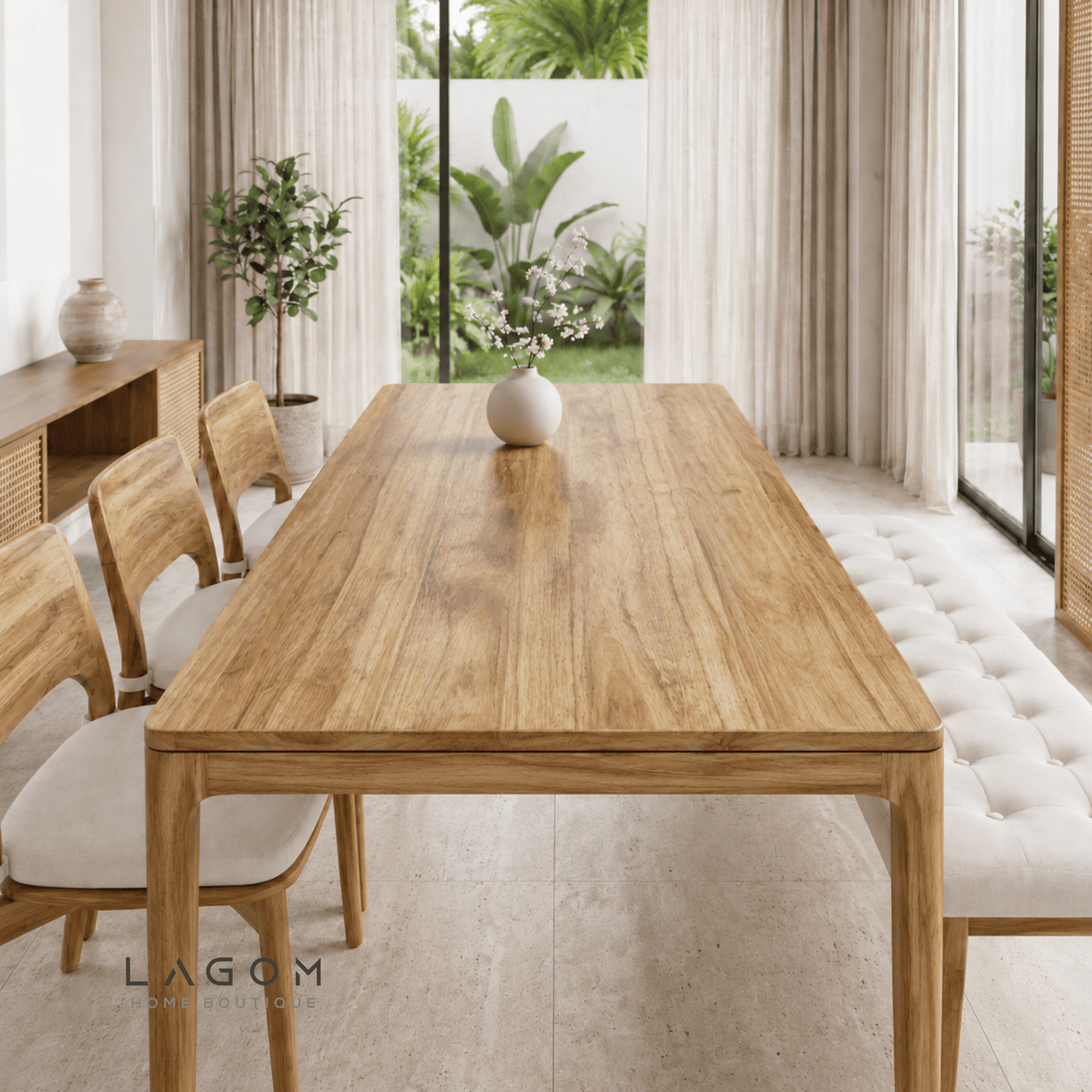 5-Seater Teak Dining Set with Chair and Bench Seating-Dining Set-Lagom Home Boutique
