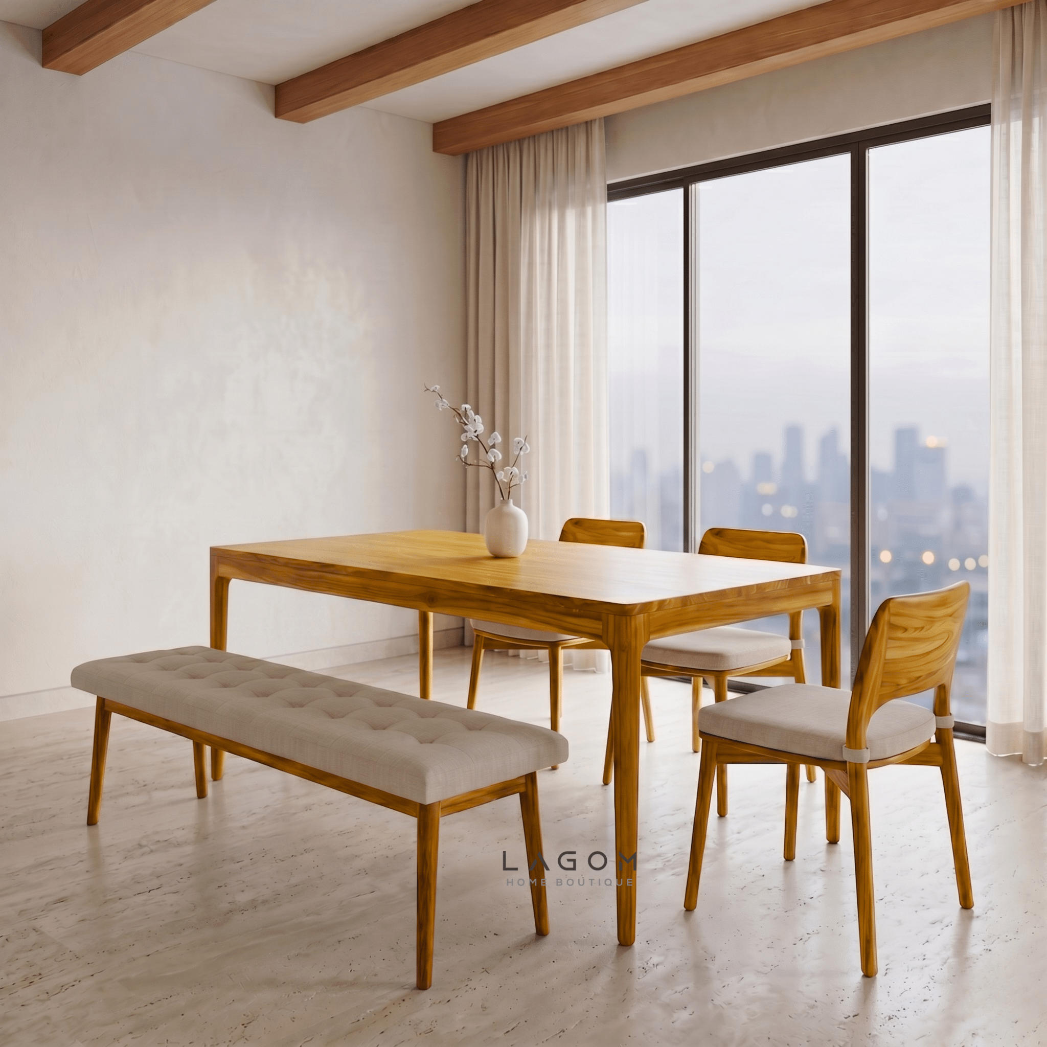 5-Seater Teak Dining Set with Chair and Bench Seating-Dining Set-Lagom Home Boutique