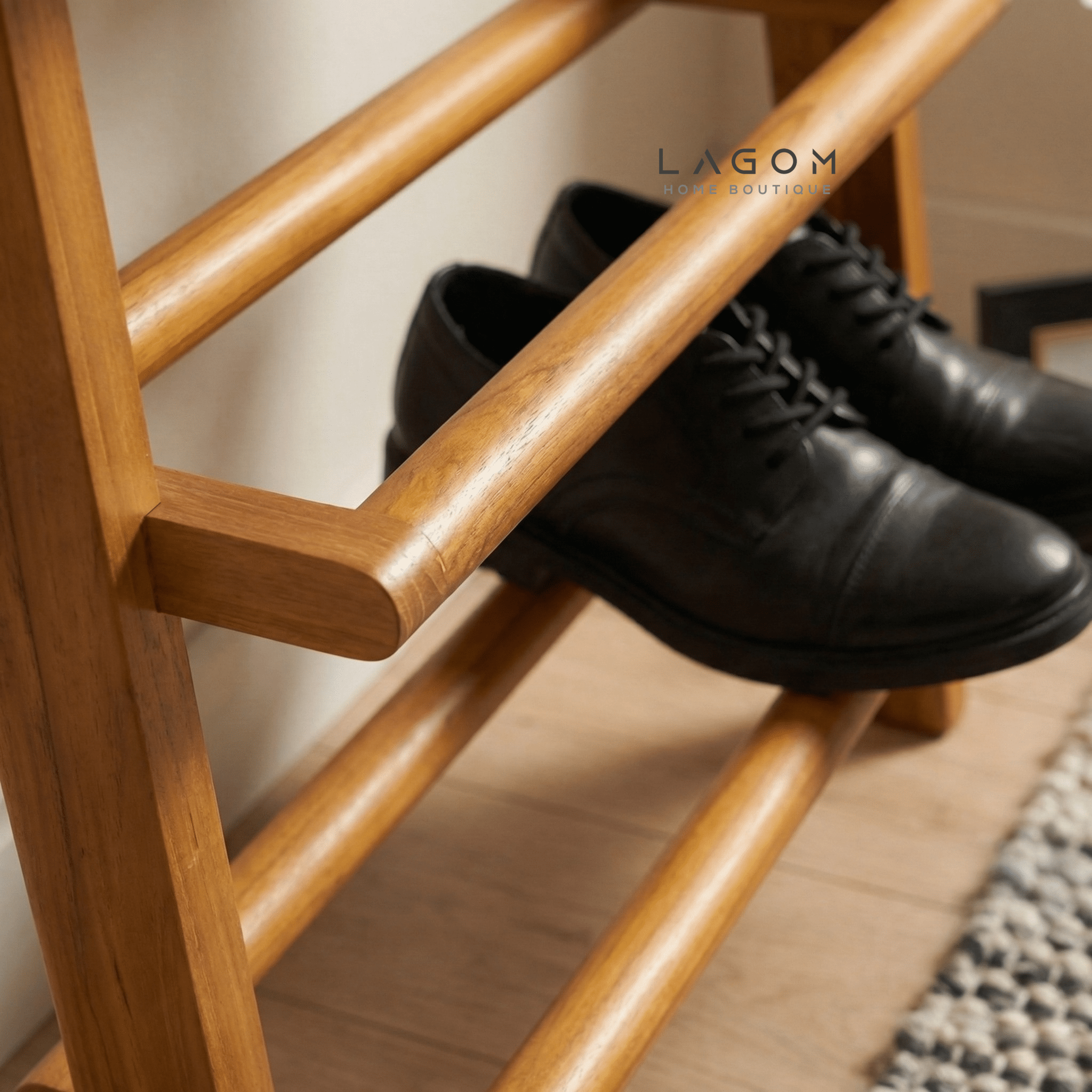 6 - Pair Teak Leaning Shoe Rack with Top Shelf - Shoe Rack - Lagom Home Boutique